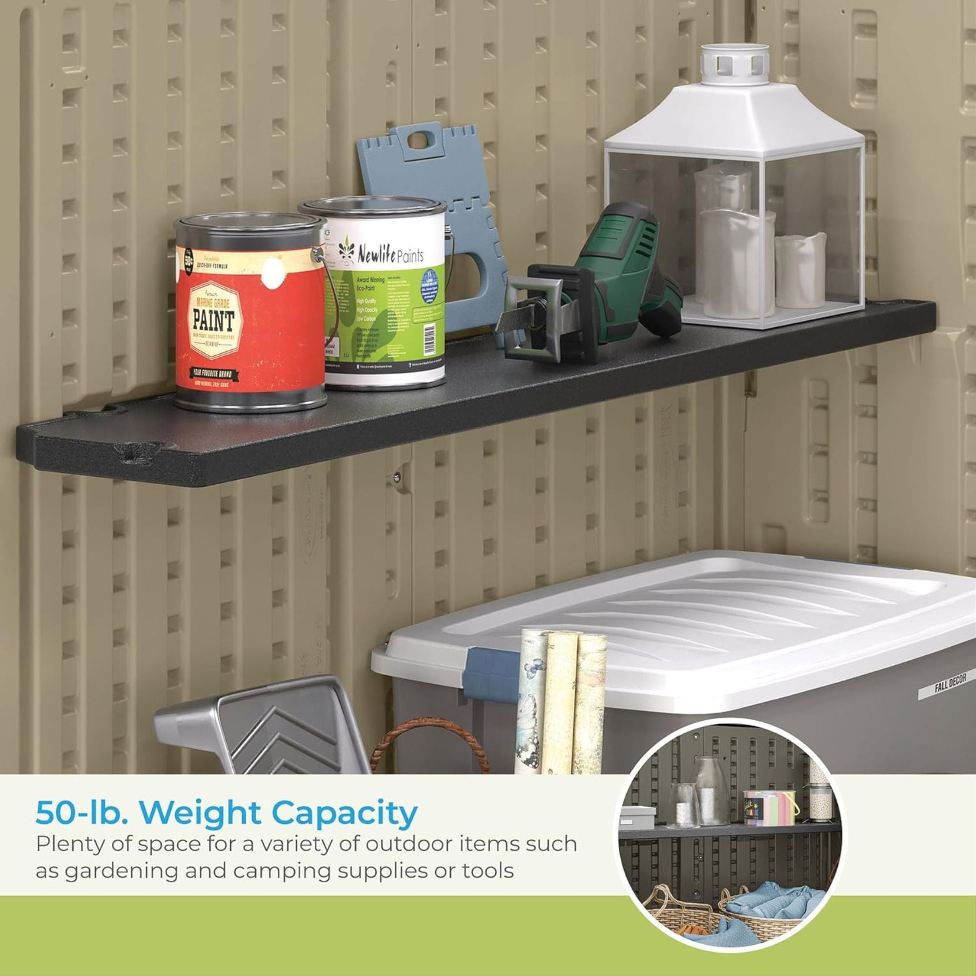 Suncast 3 Pack Horizontal Shed Shelf Space Saving Wall Outdoor Storage, Black
