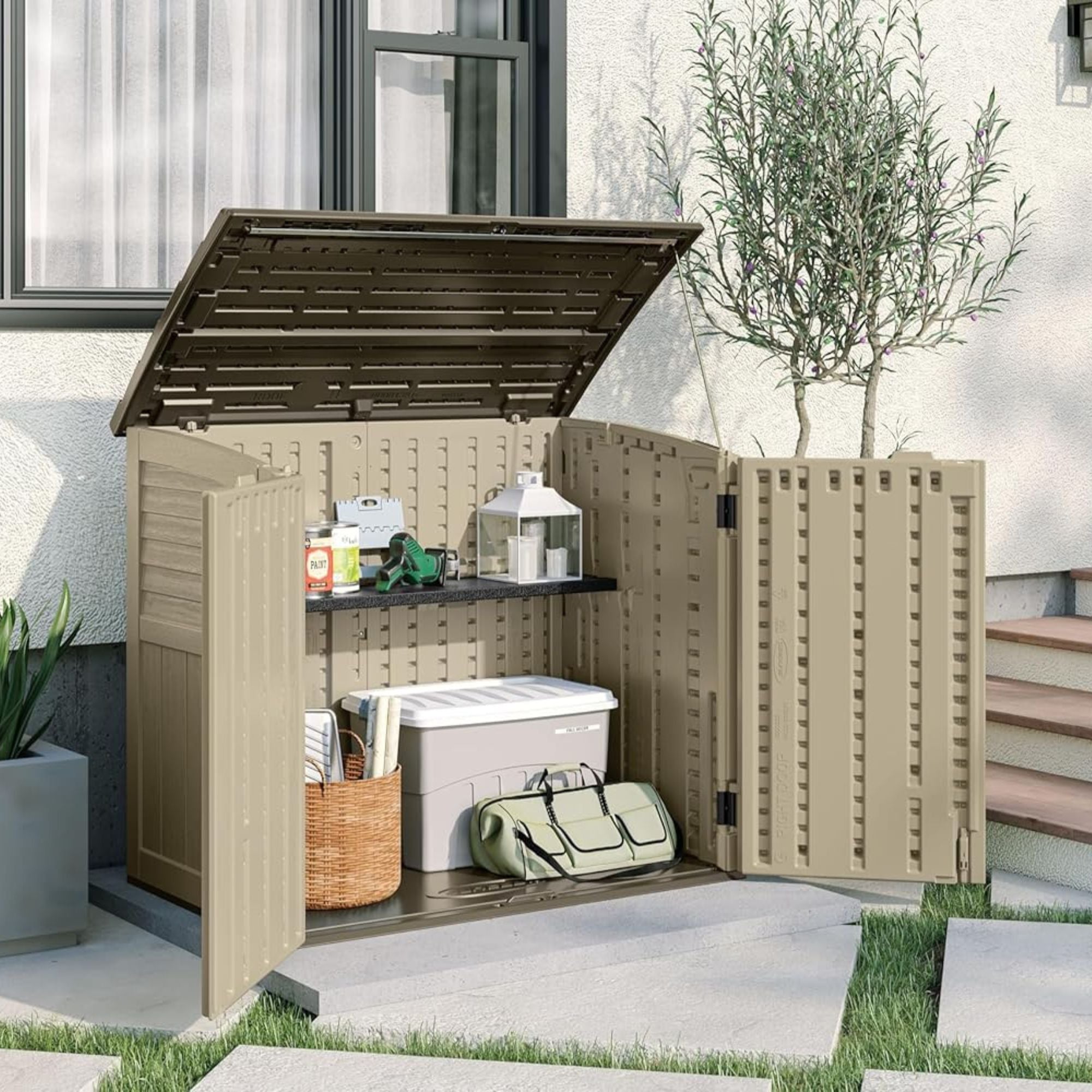 Suncast 6 Pack Horizontal Shed Shelf Space Saving Wall Outdoor Storage, Black