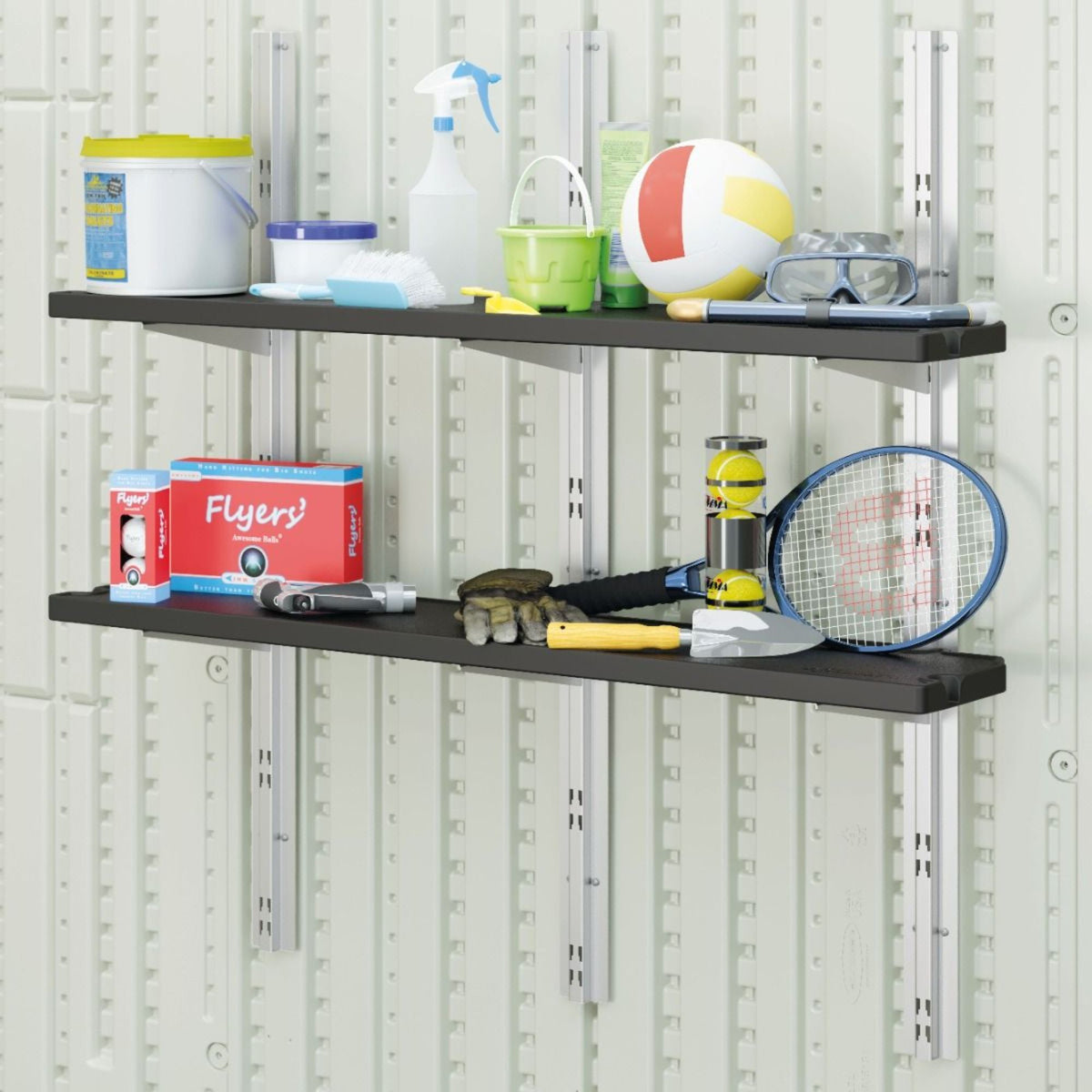 Suncast Vertical Shed 6 Shelf Kit Space Saving Wall Mount Outdoor Storage, Black