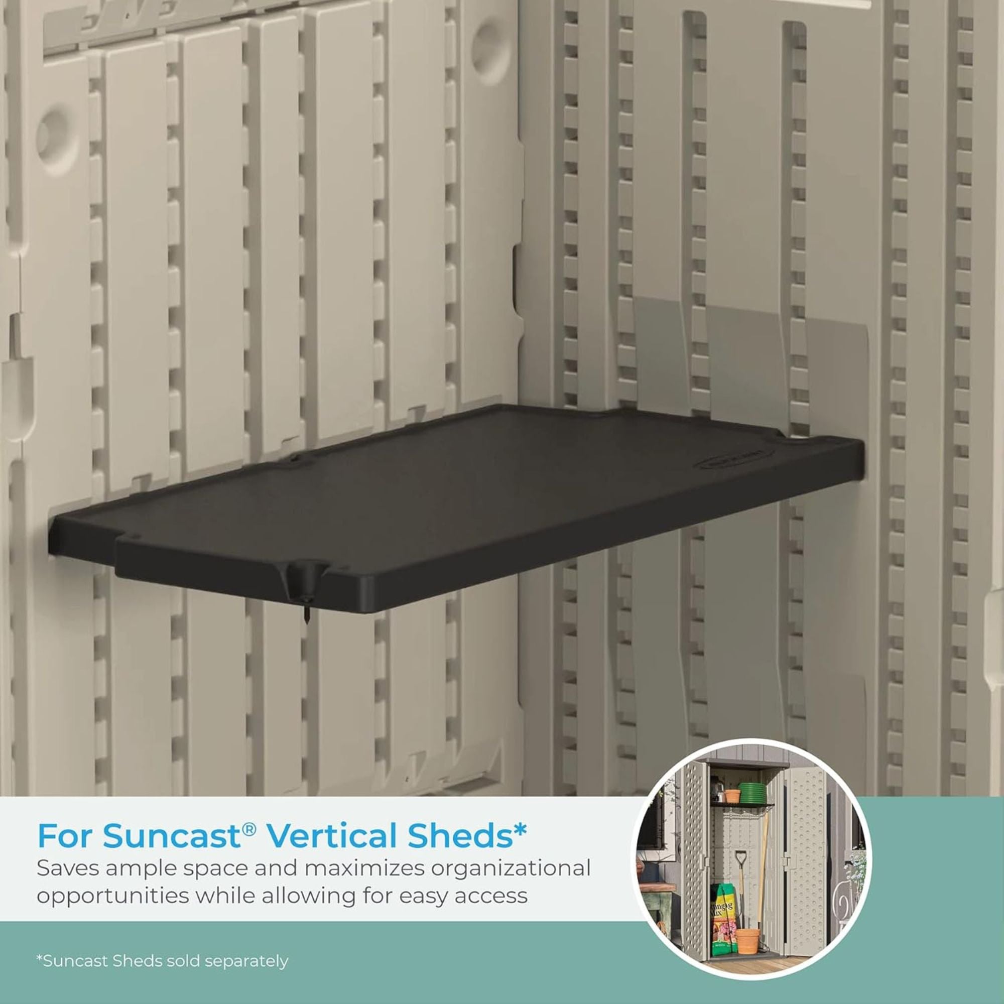 Suncast 6 Pack Vertical Shed Shelf Space Saving Wall Mount Outdoor Storage Black