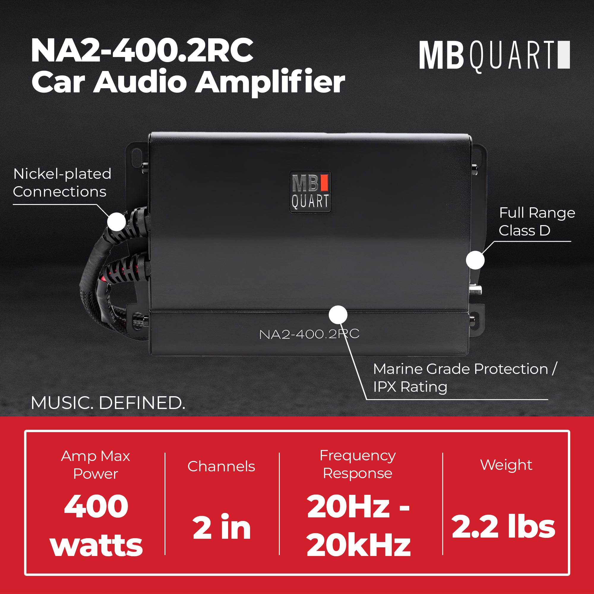 MB Quart NA2-400.2RC 400W Nautic Powersports Amplifier, Marine Grade, Heavy Duty - VMInnovations