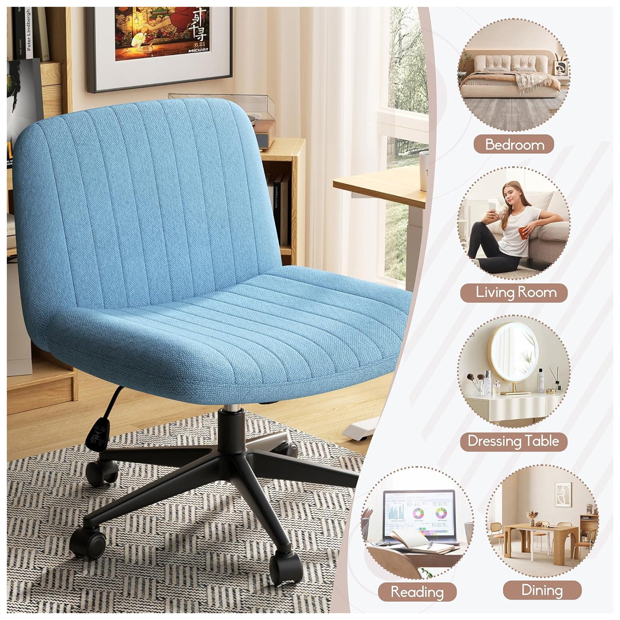 SUNLEI Cross-Legged Chair w/Wheels, Adjustable Swivel, Armless, Blue(Open Box) - VMInnovations