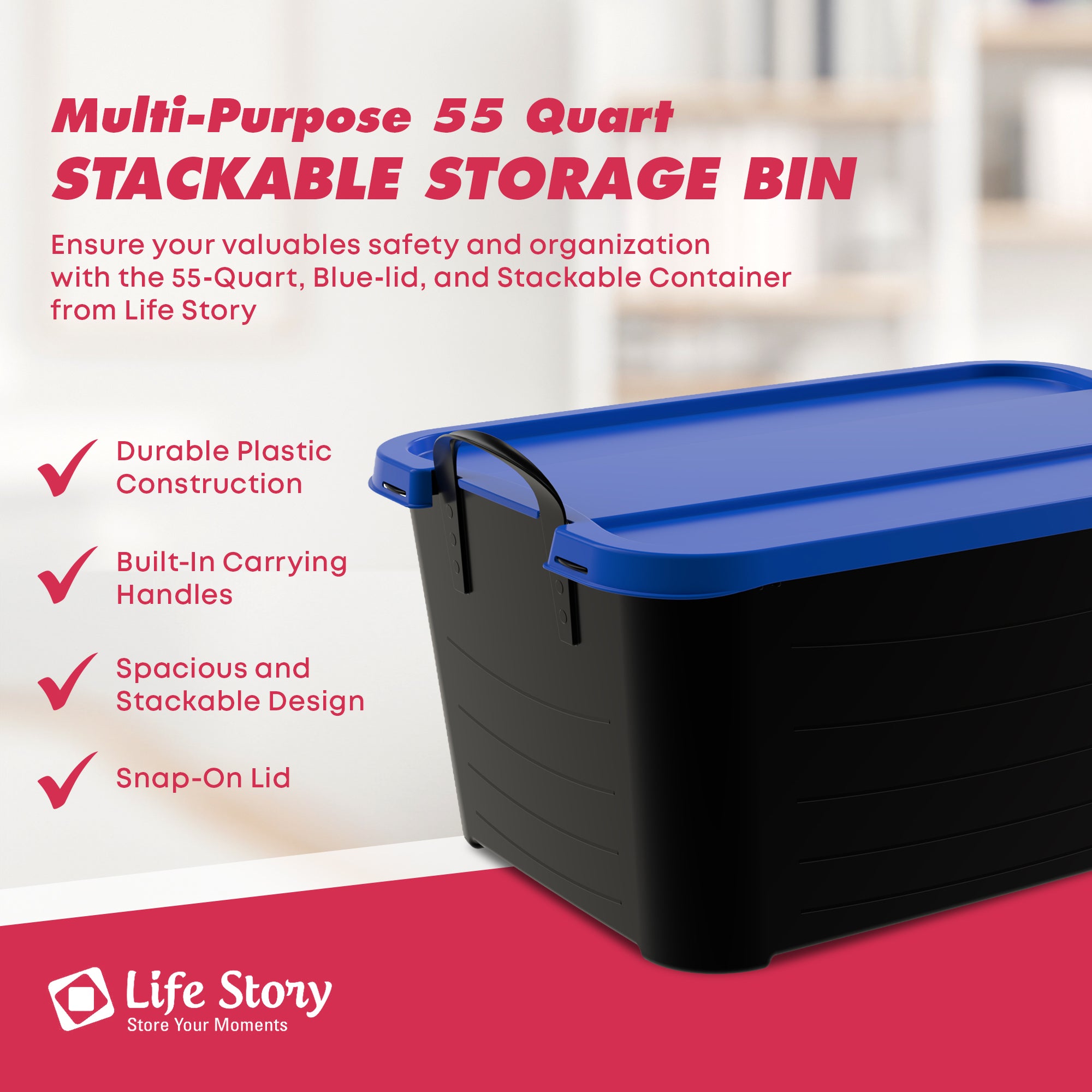 Life Story 55 Qt Stackable Storage Bin, Versatile Lidded Container, Black/Blue - VMInnovations