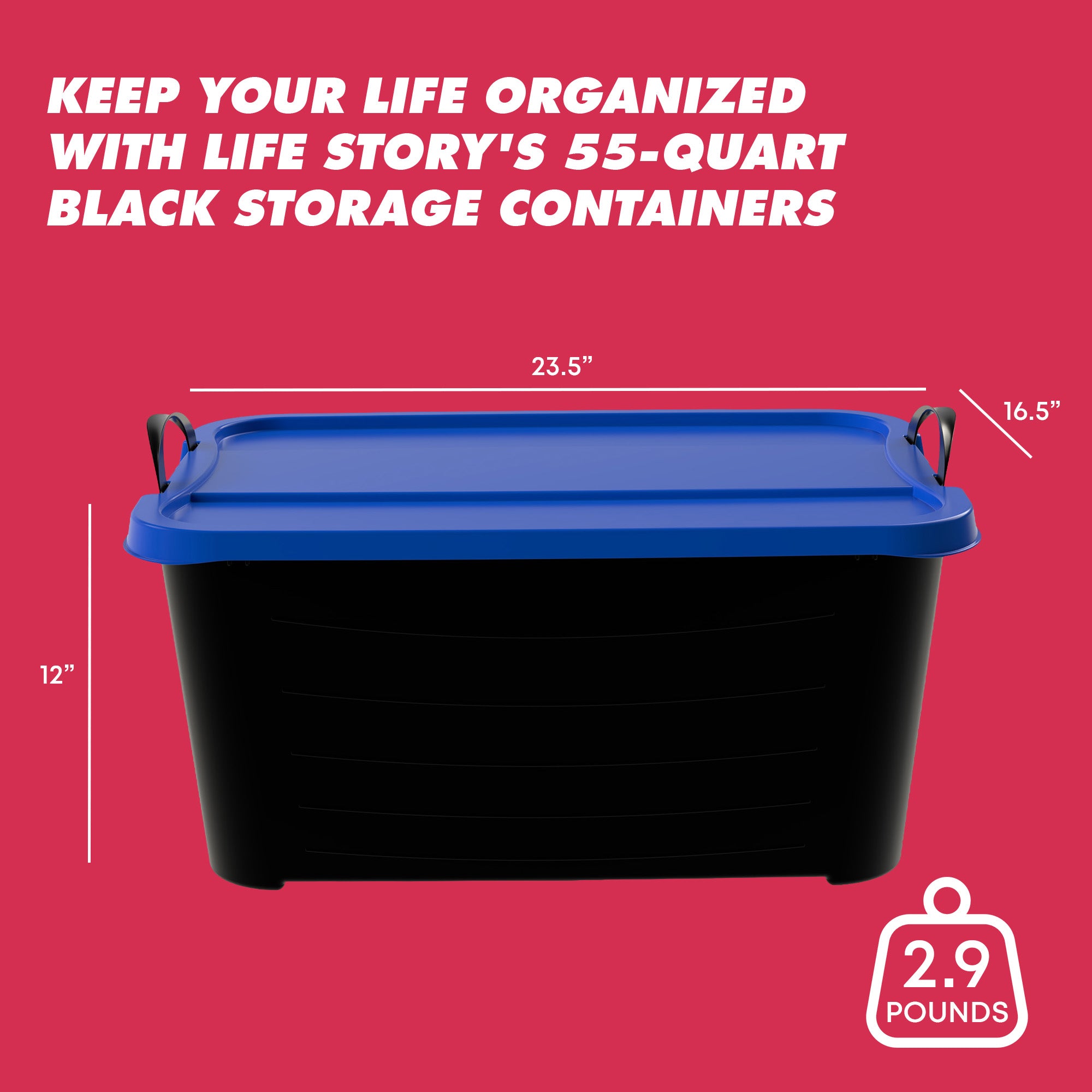 Life Story 55 Qt Stackable Storage Bin, Versatile Lidded Container, Black/Blue - VMInnovations