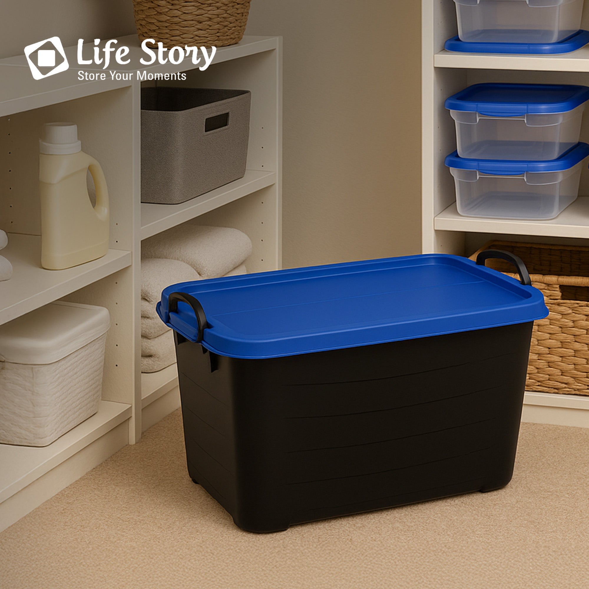 Life Story 55 Qt Stackable Storage Bin, Versatile Lidded Container, Black/Blue - VMInnovations