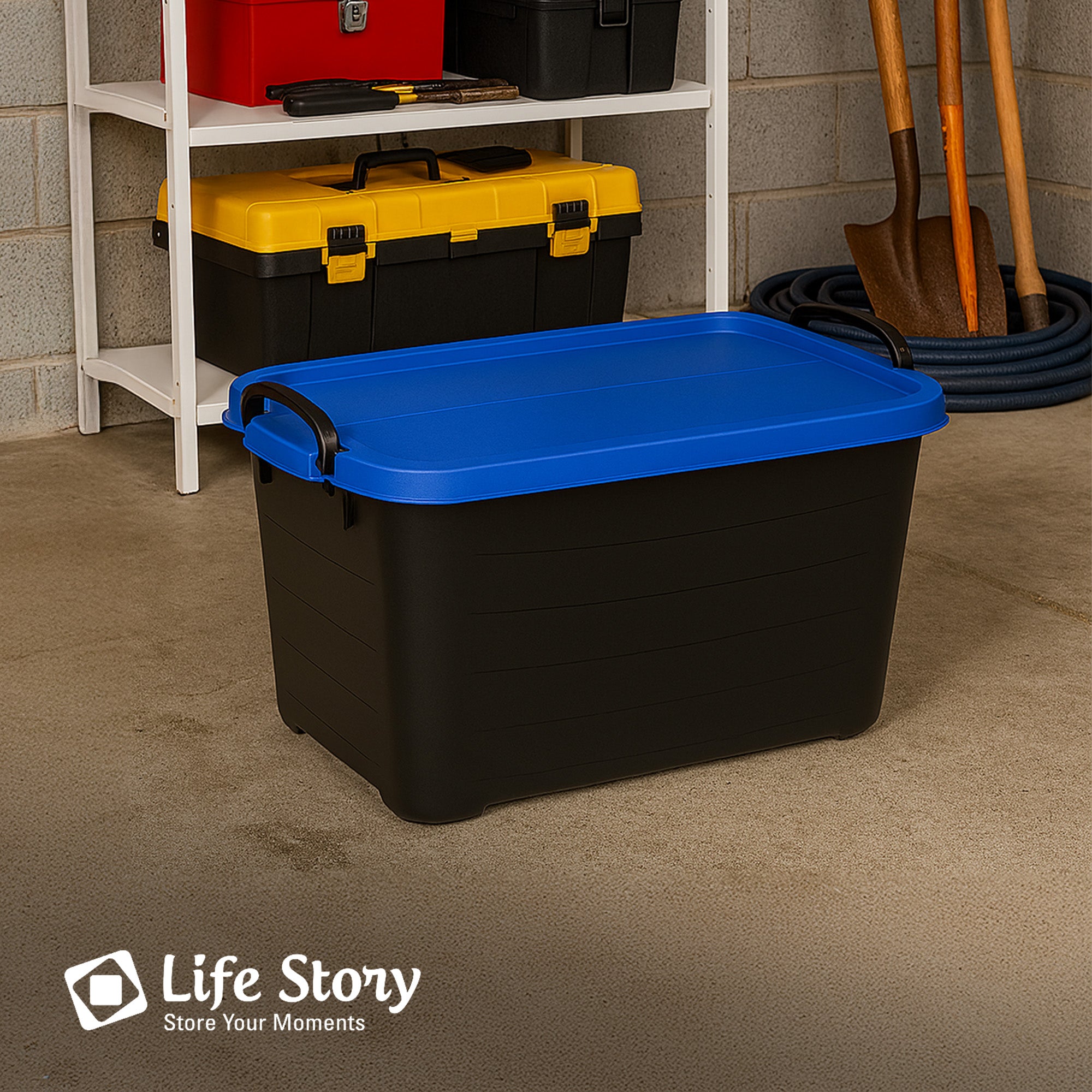 Life Story 55 Qt Stackable Storage Bin, Versatile Lidded Container, Black/Blue - VMInnovations