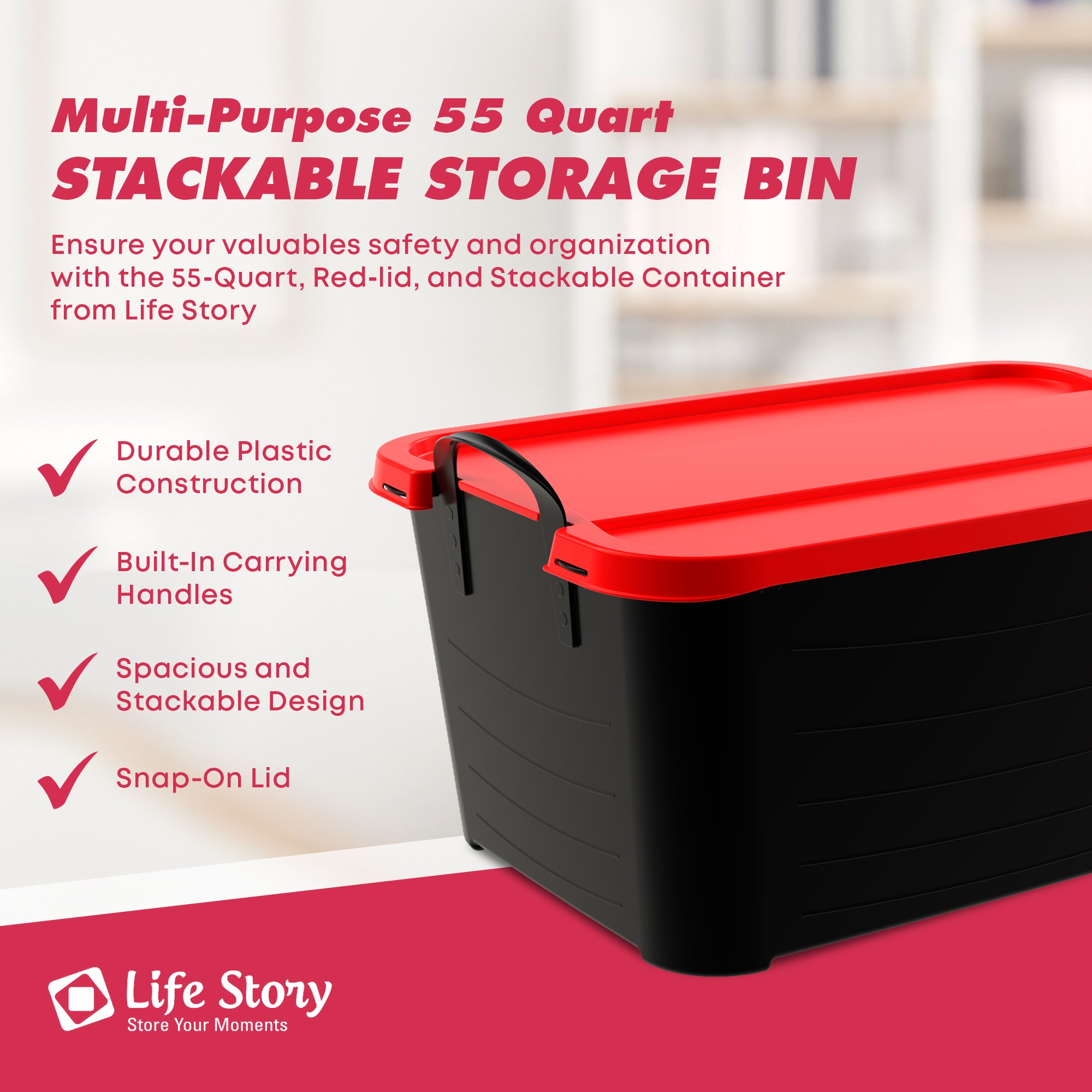 Life Story 55 Qt Stackable Storage Bin, Versatile Lidded Container, Black/Red - VMInnovations