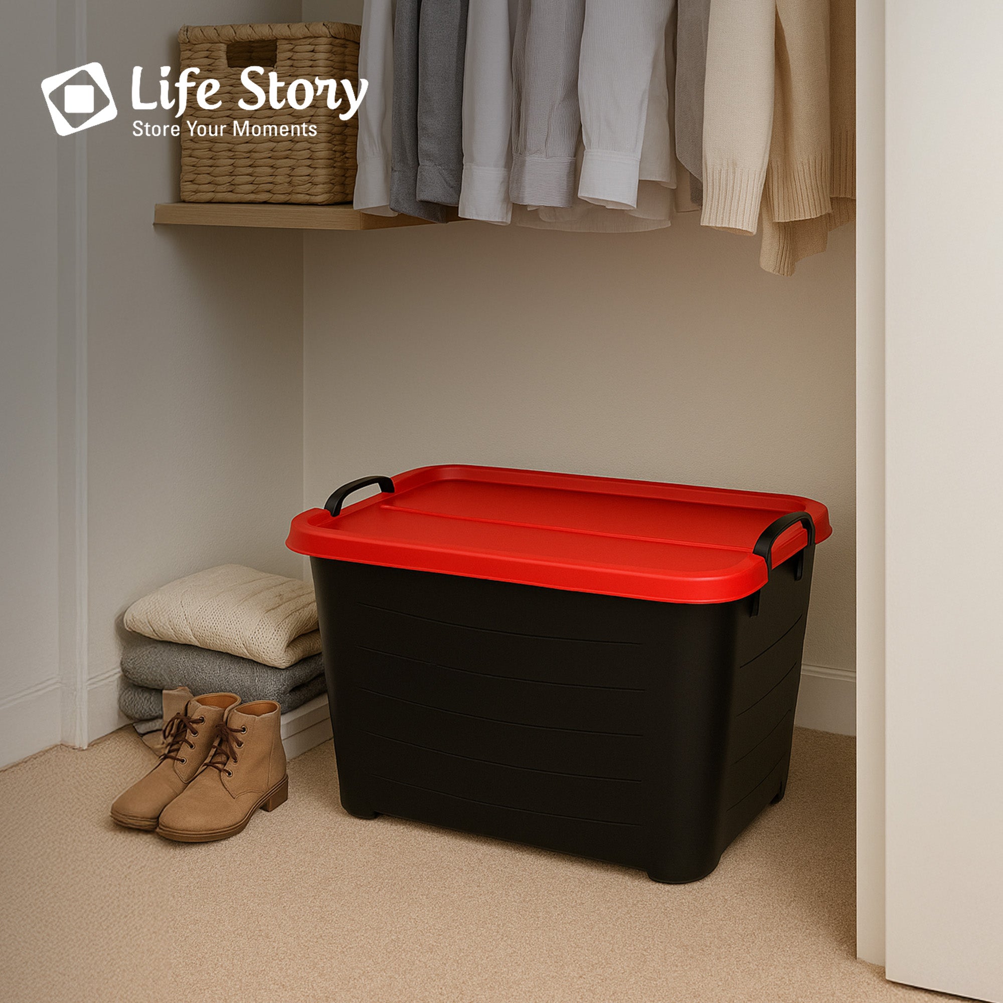 Life Story 55 Qt Stackable Storage Bin, Versatile Lidded Container, Black/Red - VMInnovations