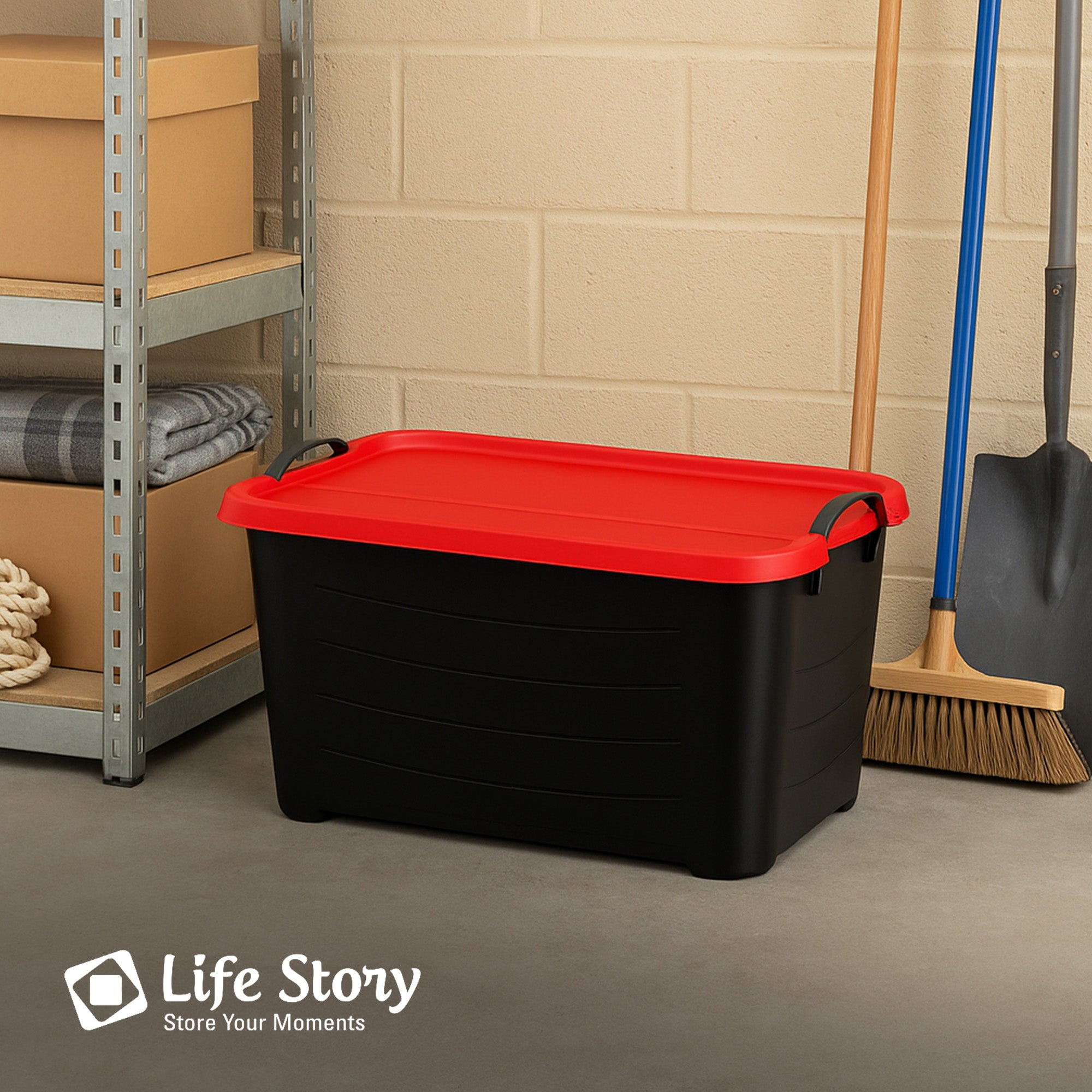 Life Story 55 Qt Stackable Storage Bin, Versatile Lidded Container, Black/Red - VMInnovations