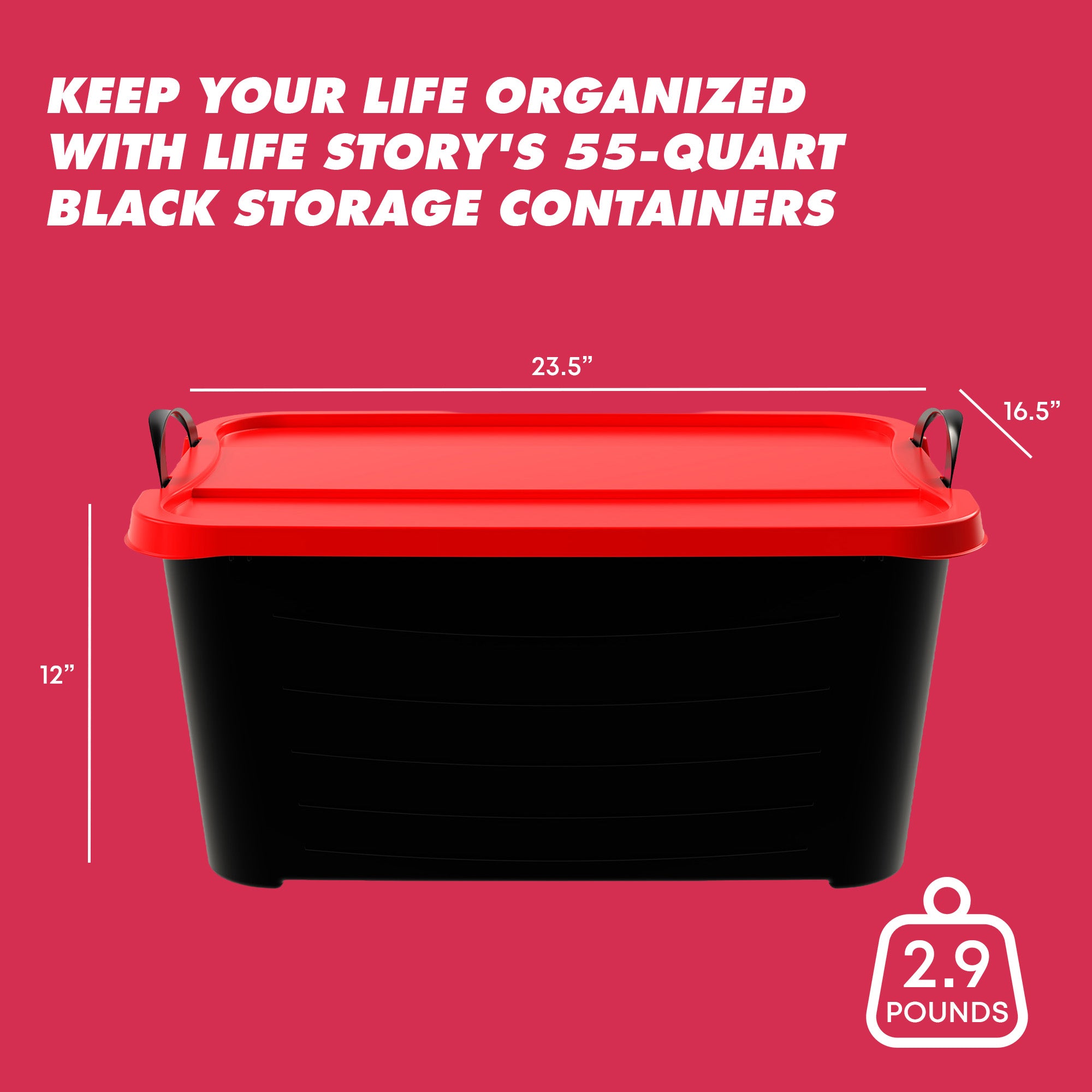 Life Story 55 Qt Stackable Storage Bin, Versatile Lidded Container, Black/Red - VMInnovations