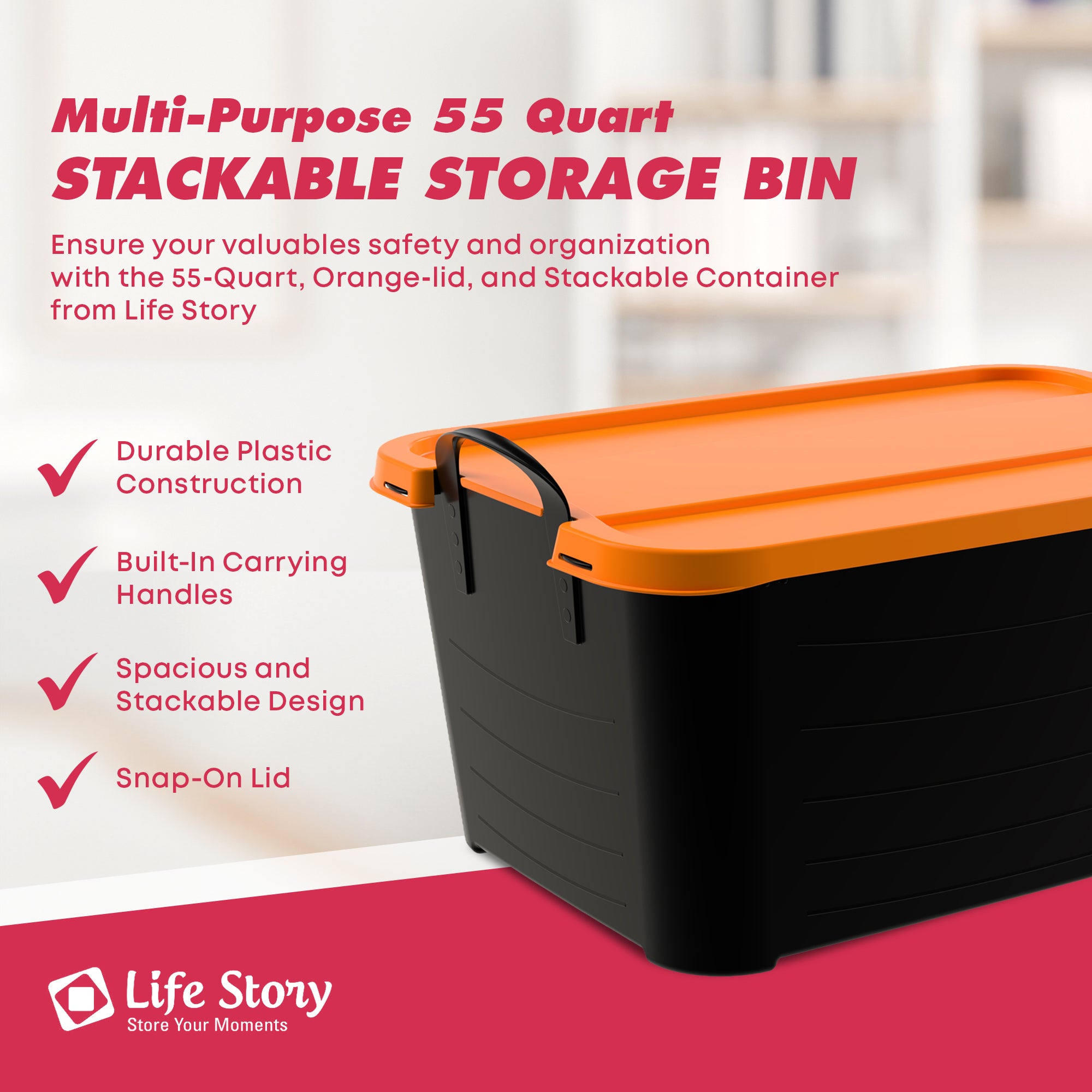 Life Story 55 Qt Stackable Storage Bin, Versatile Lidded Container, Black/Orange - VMInnovations