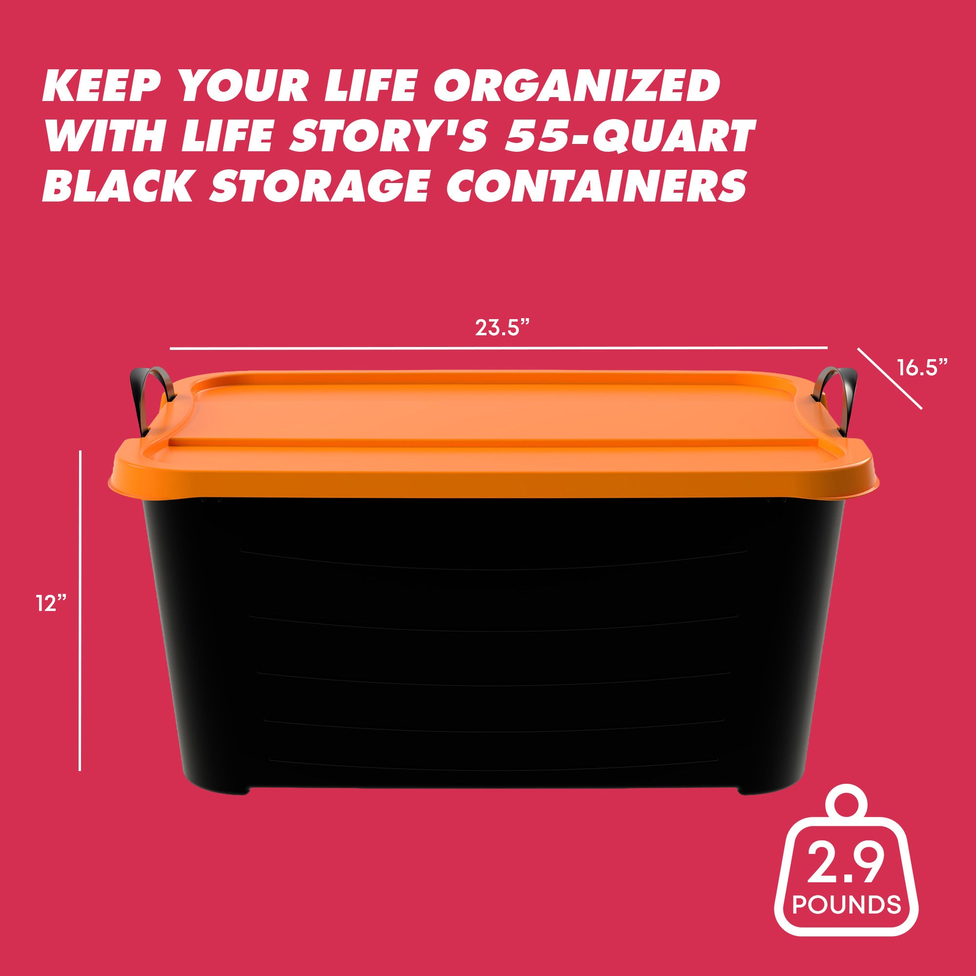 Life Story 55 Qt Stackable Storage Bin, Versatile Lidded Container, Black/Orange - VMInnovations