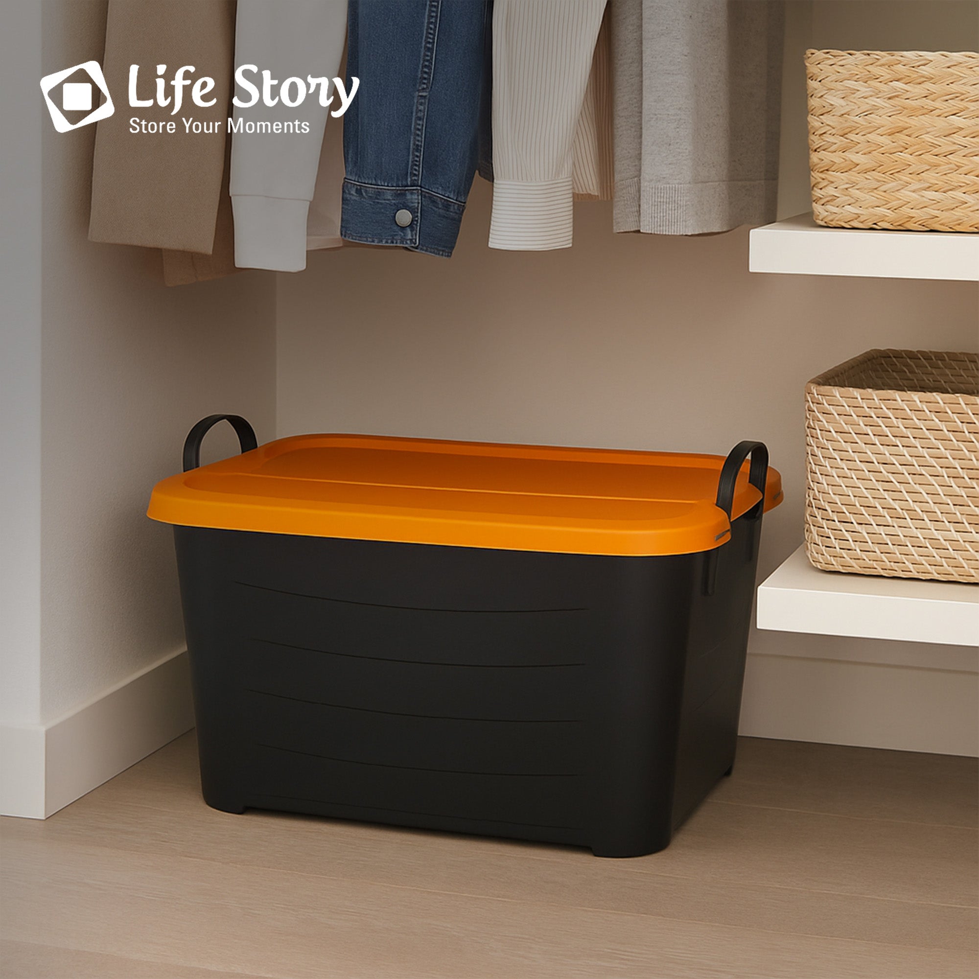Life Story 55 Qt Stackable Storage Bin, Versatile Lidded Container, Black/Orange - VMInnovations