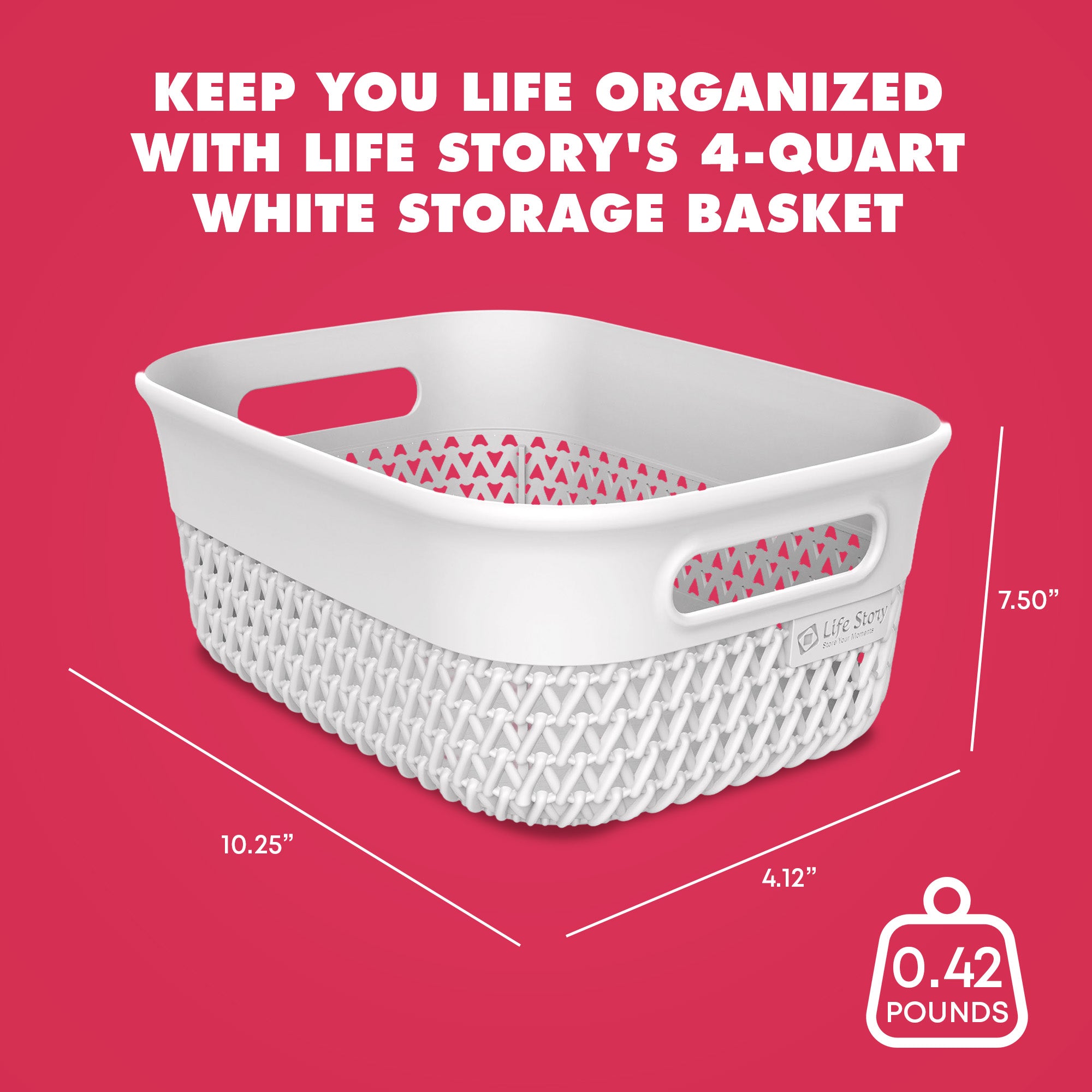 Life Story 4 Qt Decorative Storage Basket, Small Plastic Home Organizer, White