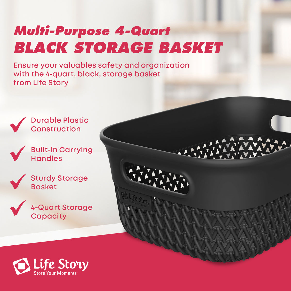 Life Story 4 Qt Decorative Storage Basket, Small Plastic Home Organizer, Black - VMInnovations