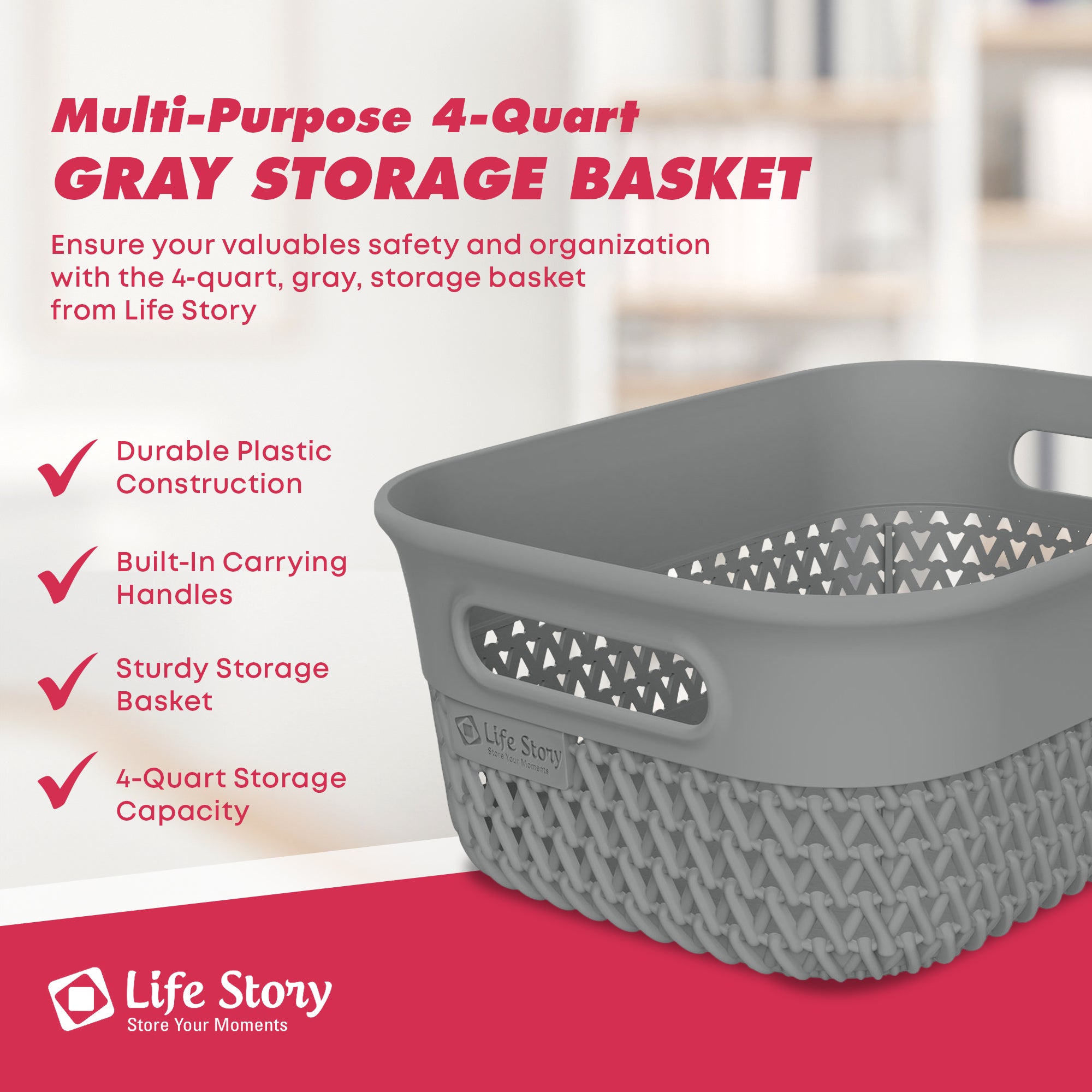 Life Story 4 Qt Decorative Storage Basket, Small Plastic Home Organizer, Gray - VMInnovations
