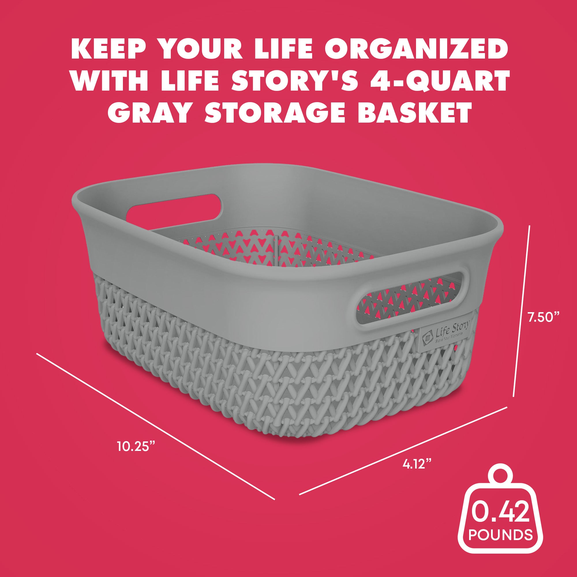Life Story 4 Qt Decorative Storage Basket, Small Plastic Home Organizer, Gray - VMInnovations