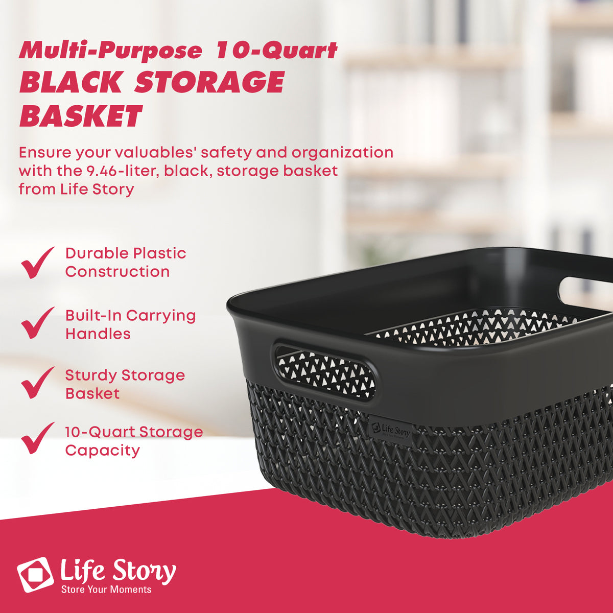 Life Story 10 Qt Decorative Storage Basket, Medium Plastic Home Organizer, Black - VMInnovations