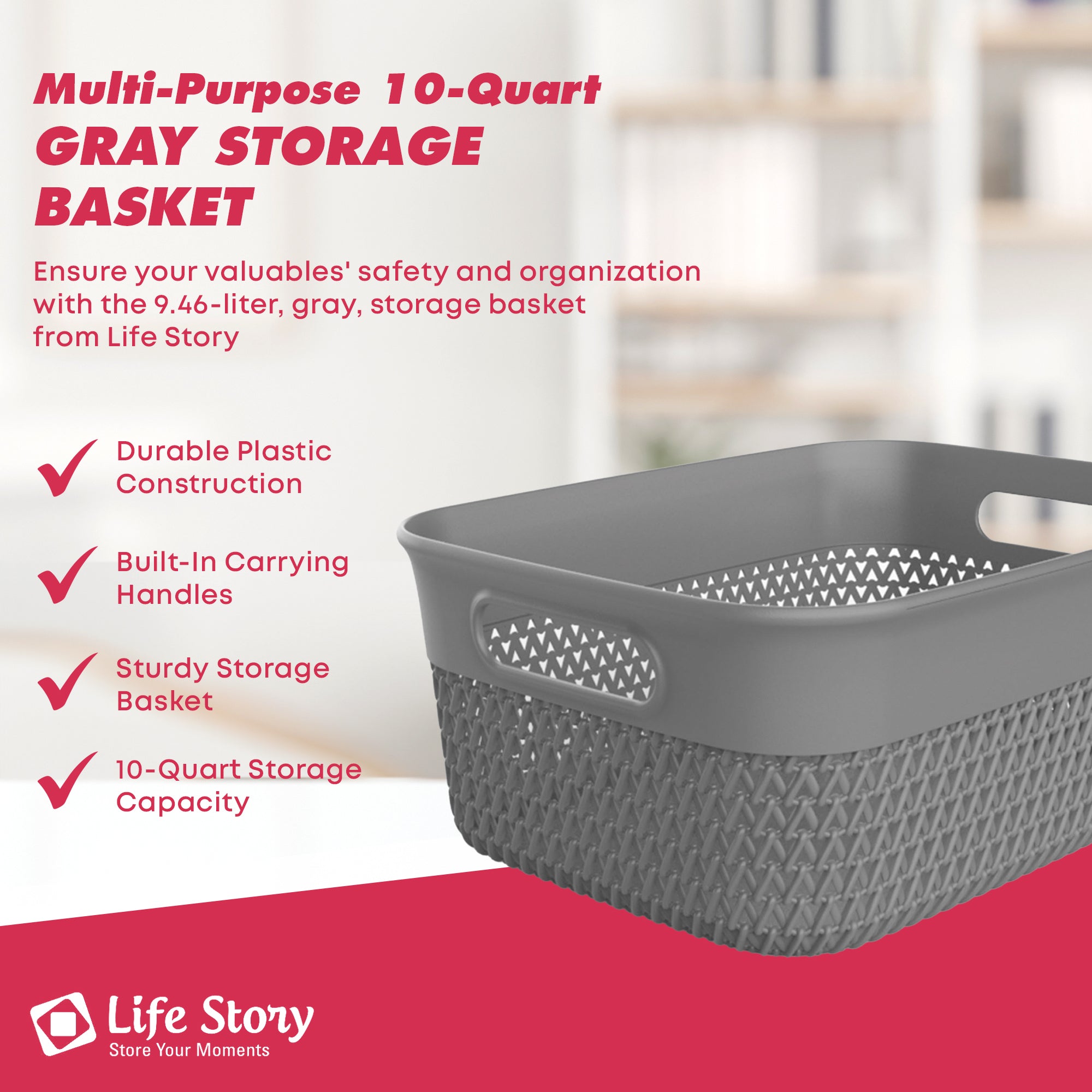 Life Story 10 Qt Decorative Storage Basket, Medium Plastic Home Organizer, Gray