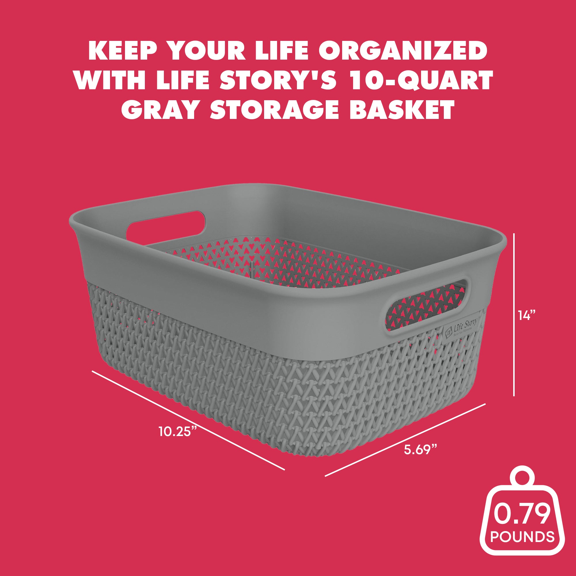 Life Story 10 Qt Decorative Storage Basket, Medium Plastic Home Organizer, Gray - VMInnovations