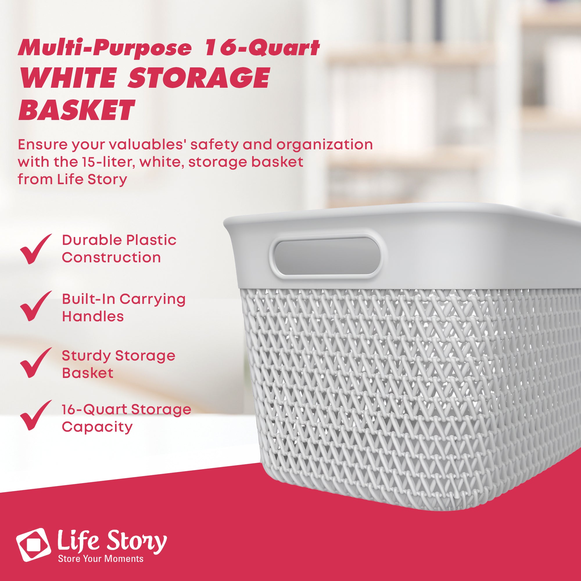 Life Story 16 Qt Decorative Storage Basket, Large Plastic Home Organizer, White