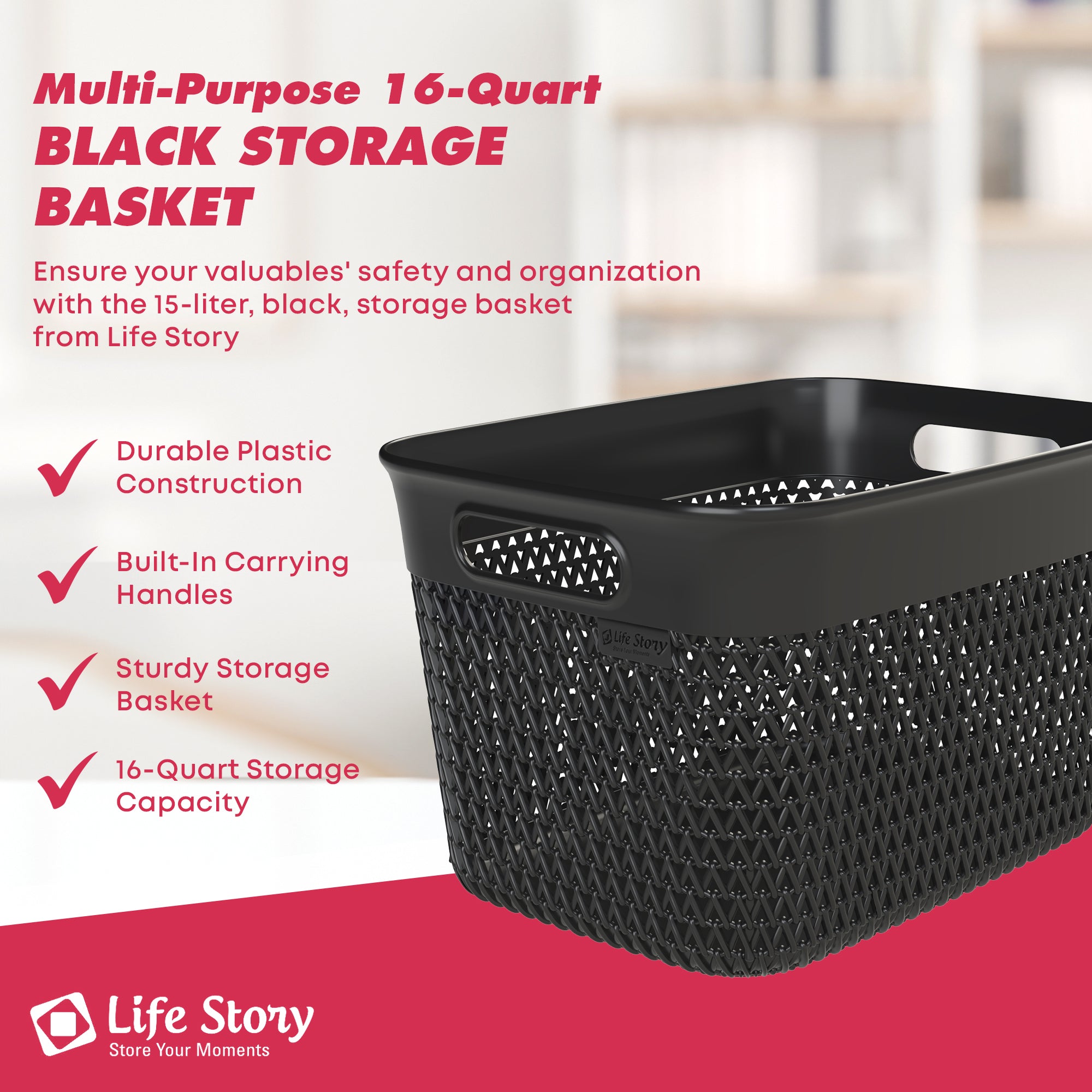 Life Story 16 Qt Decorative Storage Basket, Large Plastic Home Organizer, Black - VMInnovations