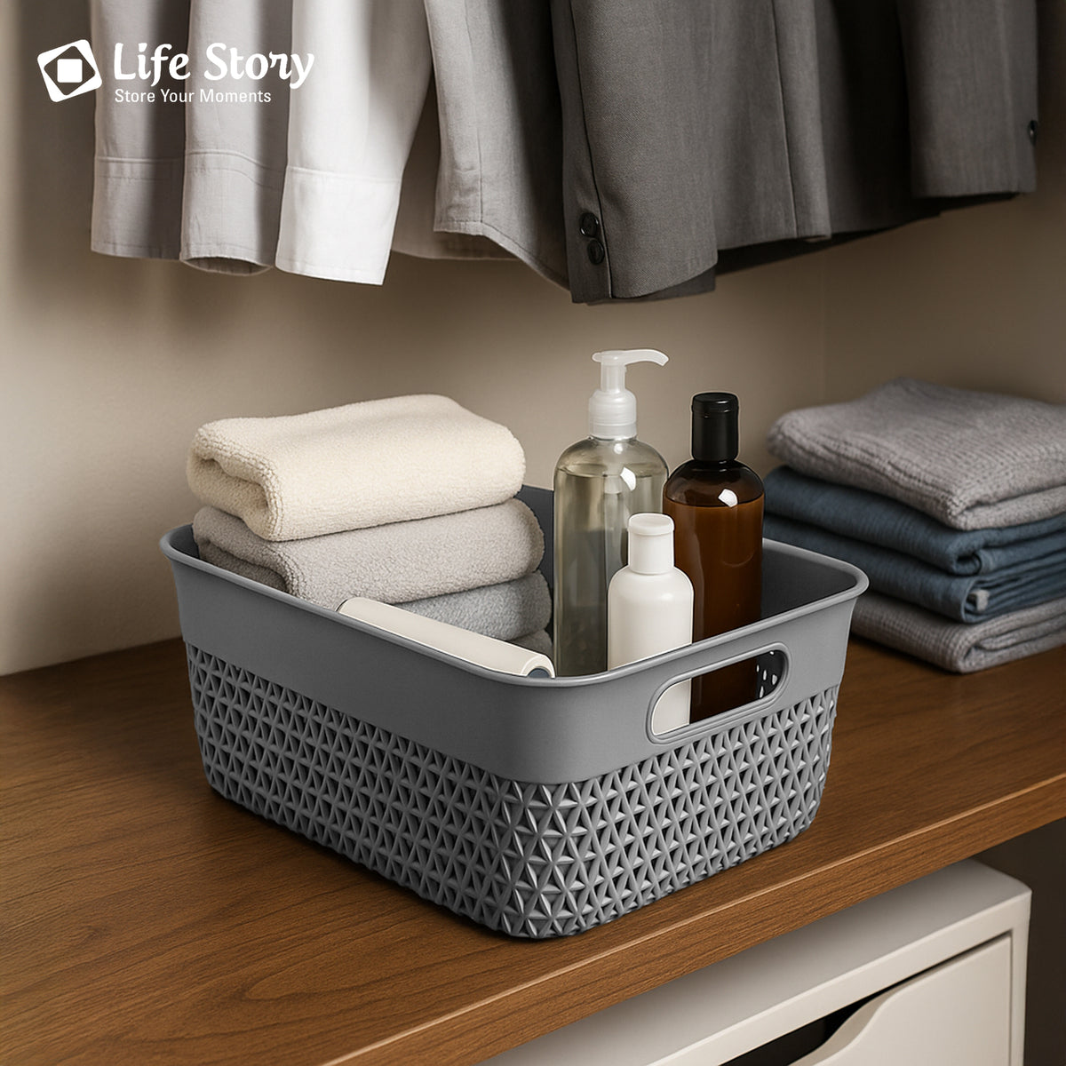 Life Story 10 Qt Decorative Storage Basket, Medium Plastic Home Organizer, Gray - VMInnovations