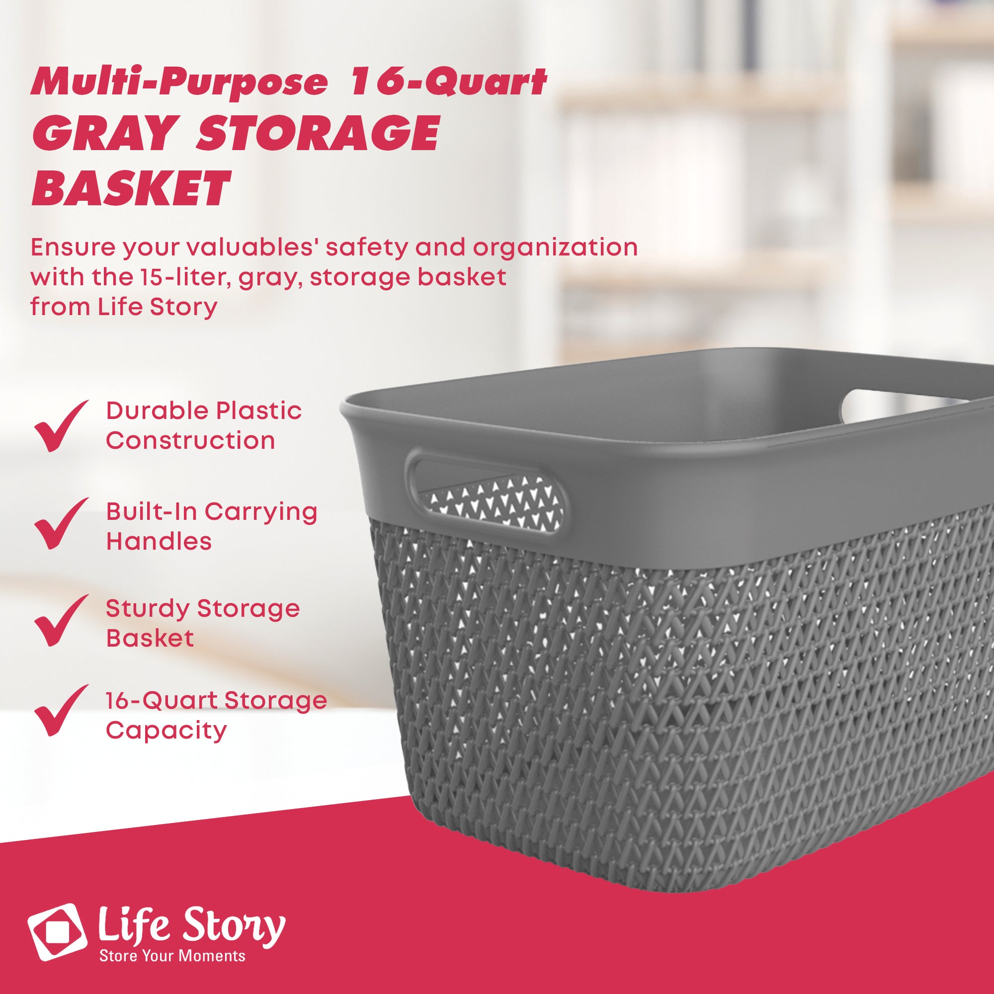 Life Story 16 Qt Decorative Storage Basket, Large Plastic Home Organizer, Gray - VMInnovations