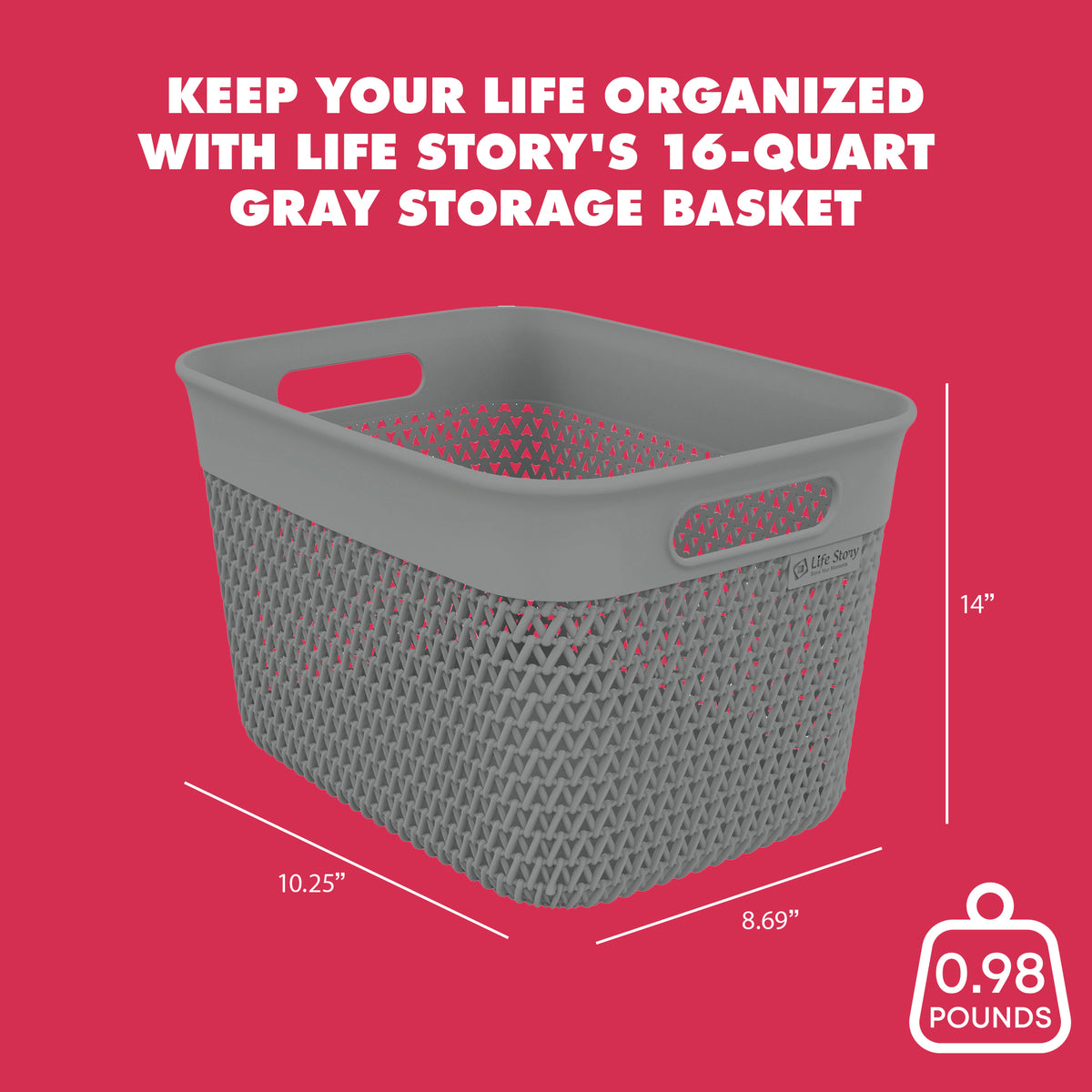 Life Story 16 Qt Decorative Storage Basket, Large Plastic Home Organizer, Gray - VMInnovations