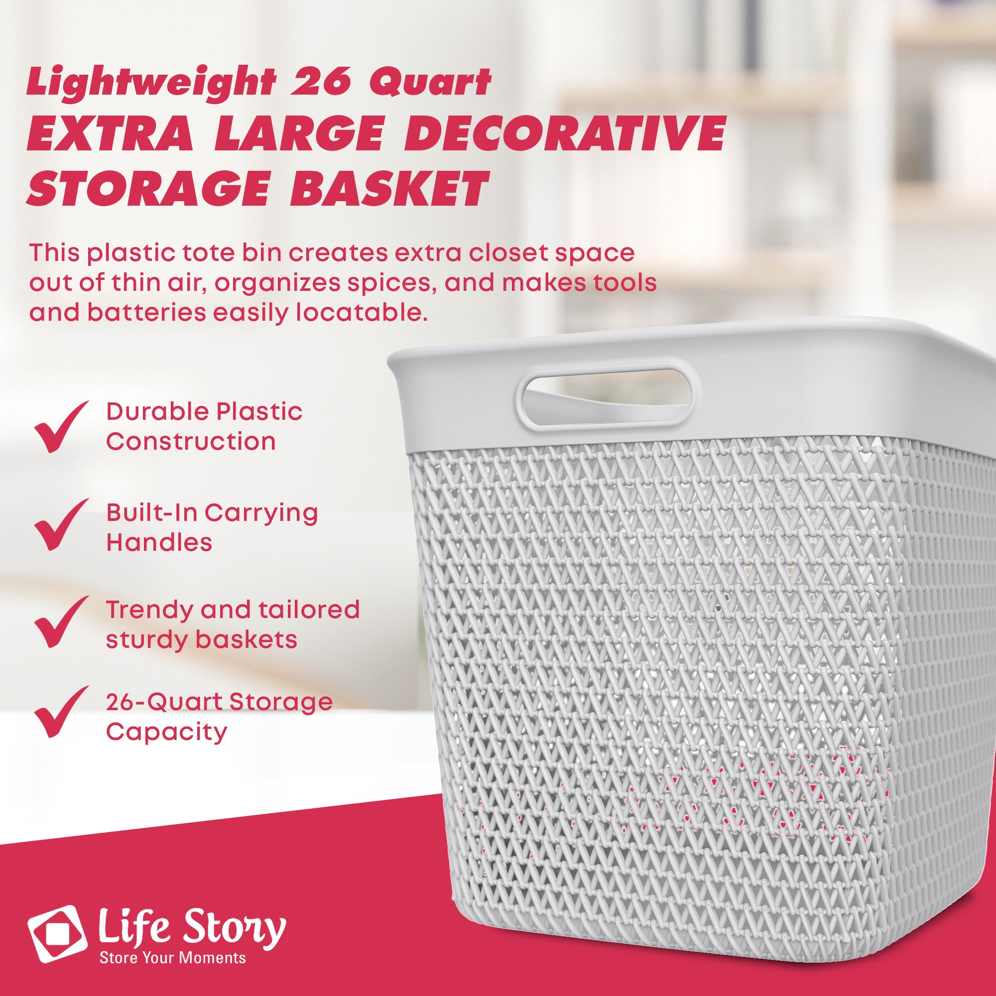 Life Story 26 Qt Decorative Storage Basket, Extra Large Plastic Home Organizer - VMInnovations