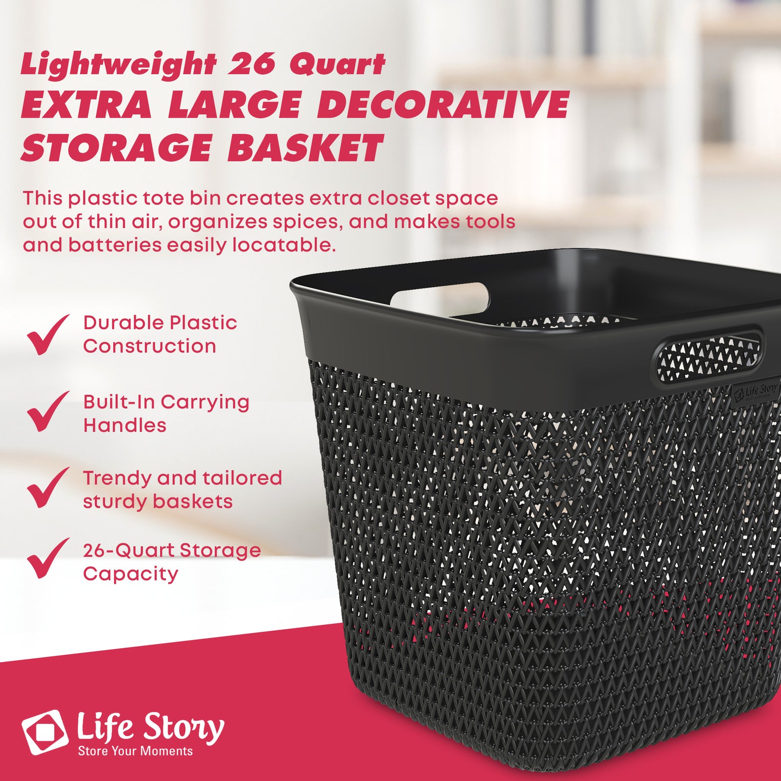 Life Story 26 Qt Decorative Storage Basket, Extra Large Plastic Home Organizer - VMInnovations