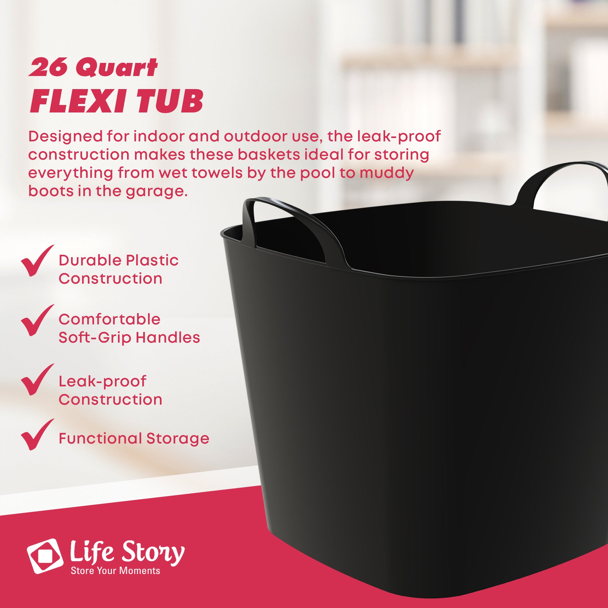 Life Story 26 Quart Flexi Tub, Versatile Storage Tote, Home Organizer, Black - VMInnovations