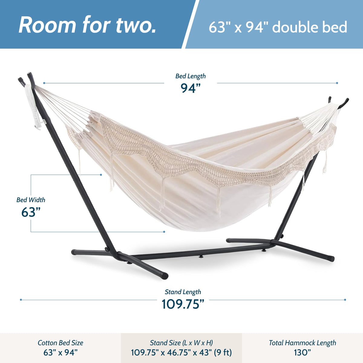 Vivere Double Cotton Hammock, Comfortable Daybed with Steel Stand, 9' (Open Box) - VMInnovations