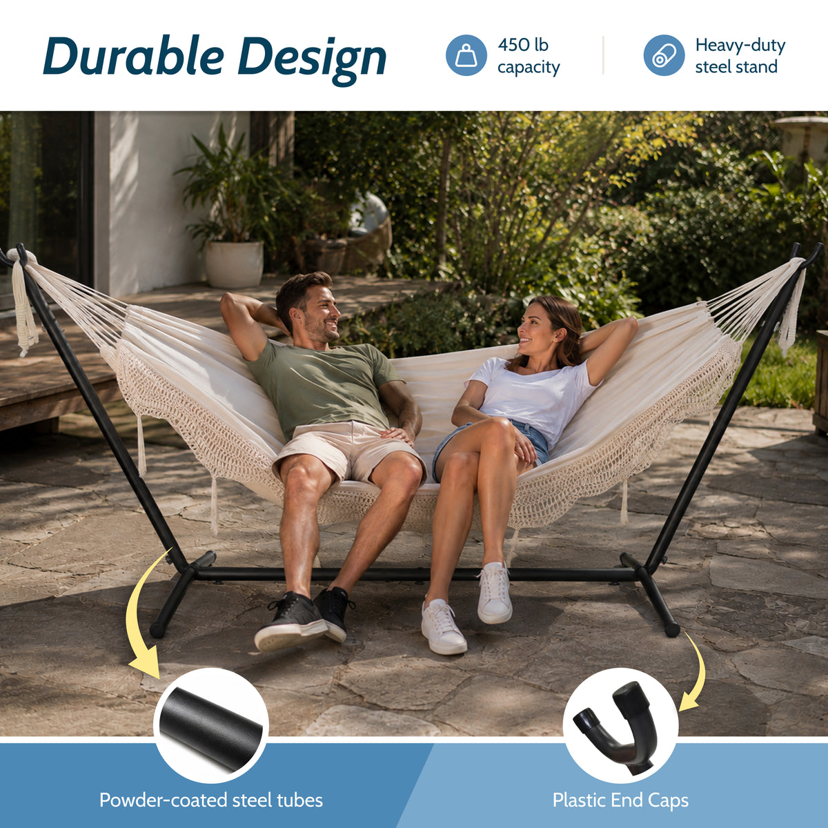 Vivere Double Cotton Hammock, Comfortable Daybed with Steel Stand, 9', Natural