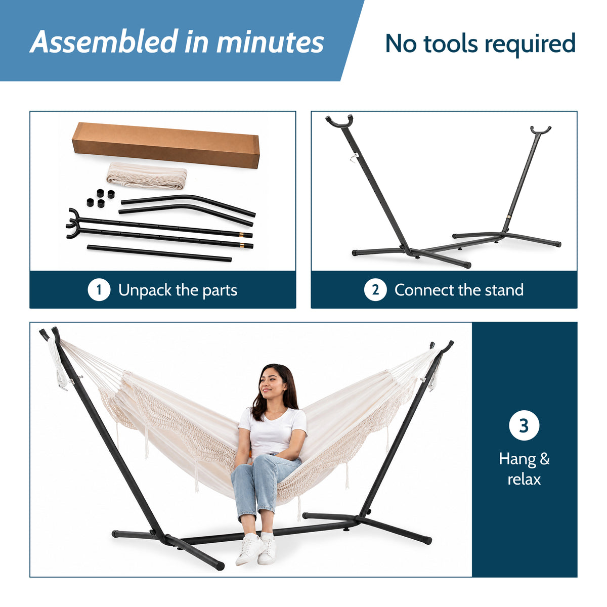 Vivere Double Cotton Hammock, Comfortable Daybed with Steel Stand, 9', Natural