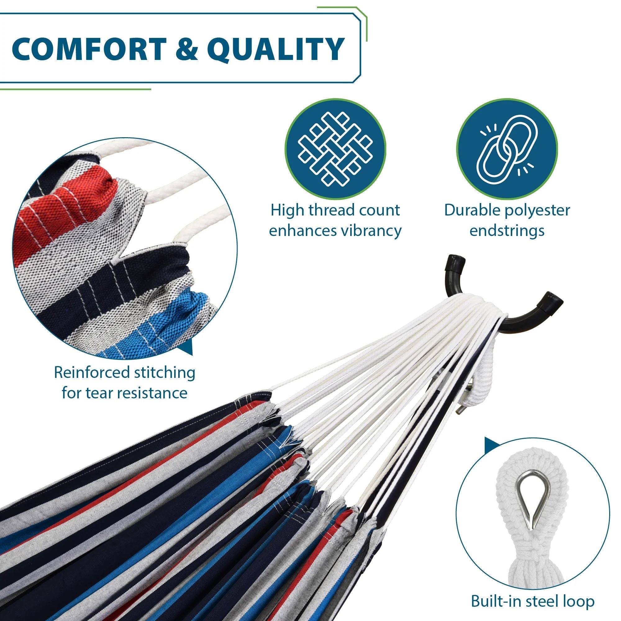 Vivere Double Cotton Hammock, Comfortable Daybed with Steel Stand, 9', Denim