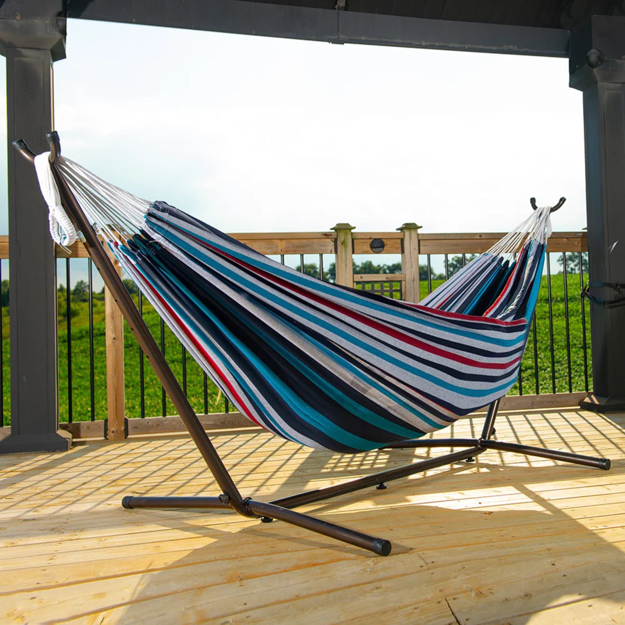 Vivere Double Cotton Hammock, Comfortable Daybed with Steel Stand, 9', Denim