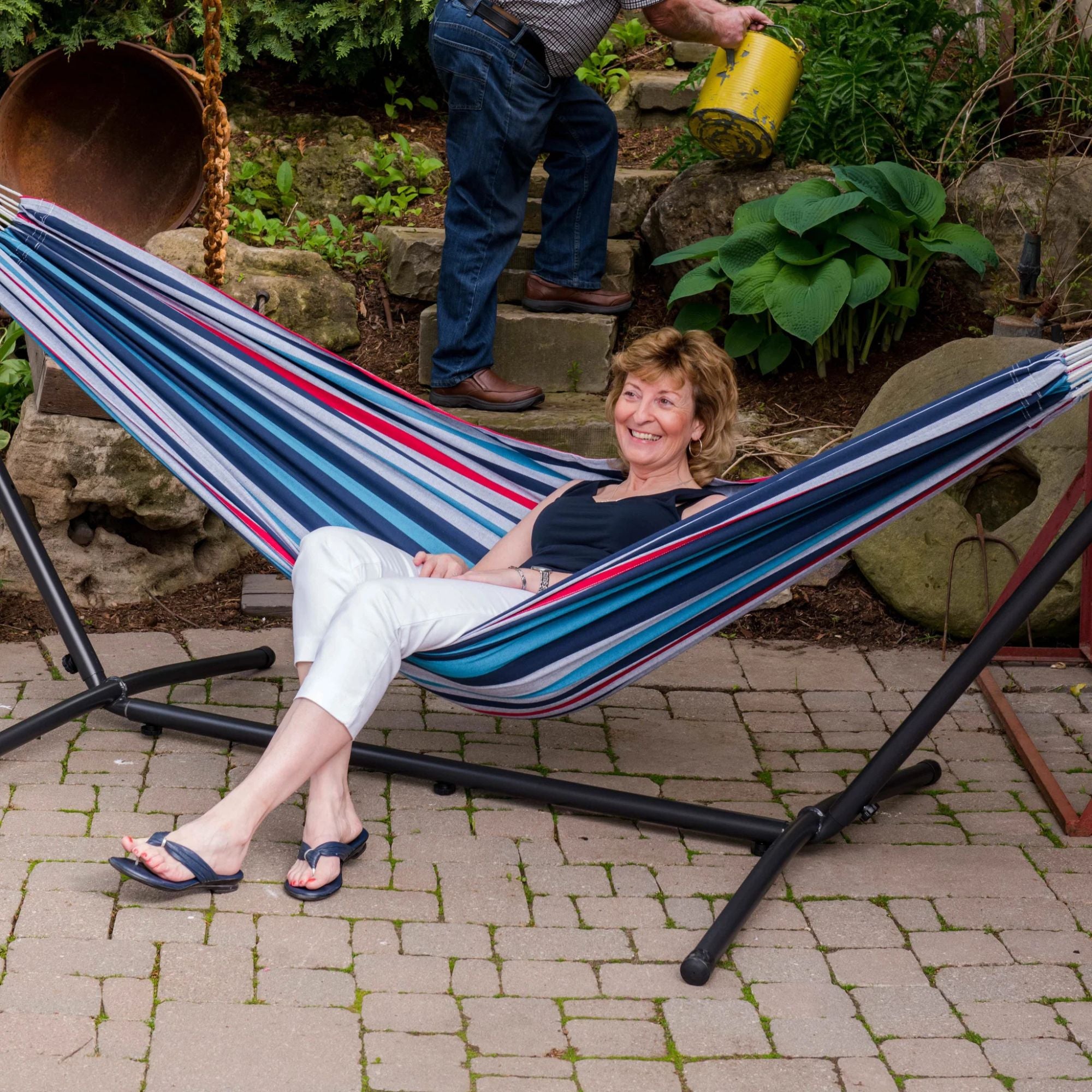 Vivere Double Cotton Hammock, Comfortable Daybed with Steel Stand, 9' (Open Box) - VMInnovations