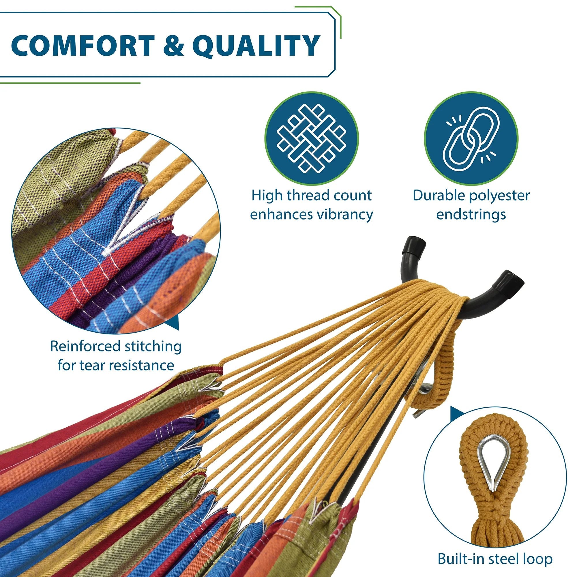 Vivere Double Cotton Hammock, Comfortable Daybed with Steel Stand, 9' (Open Box) - VMInnovations