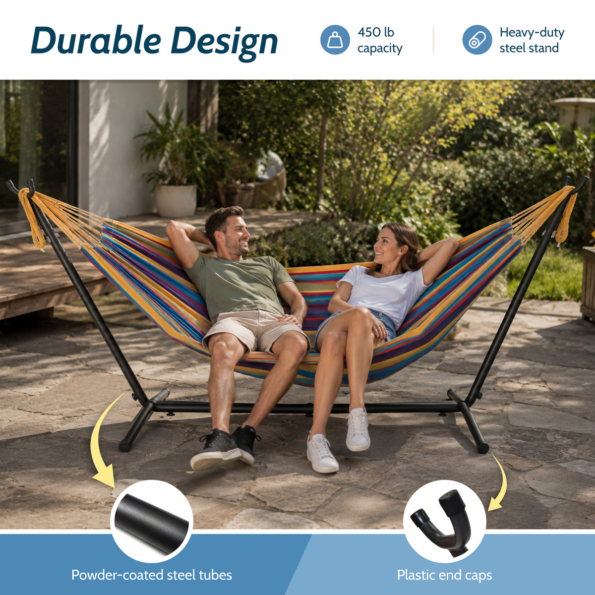 Vivere Double Cotton Hammock, Comfortable Daybed with Steel Stand, 9' (Open Box) - VMInnovations