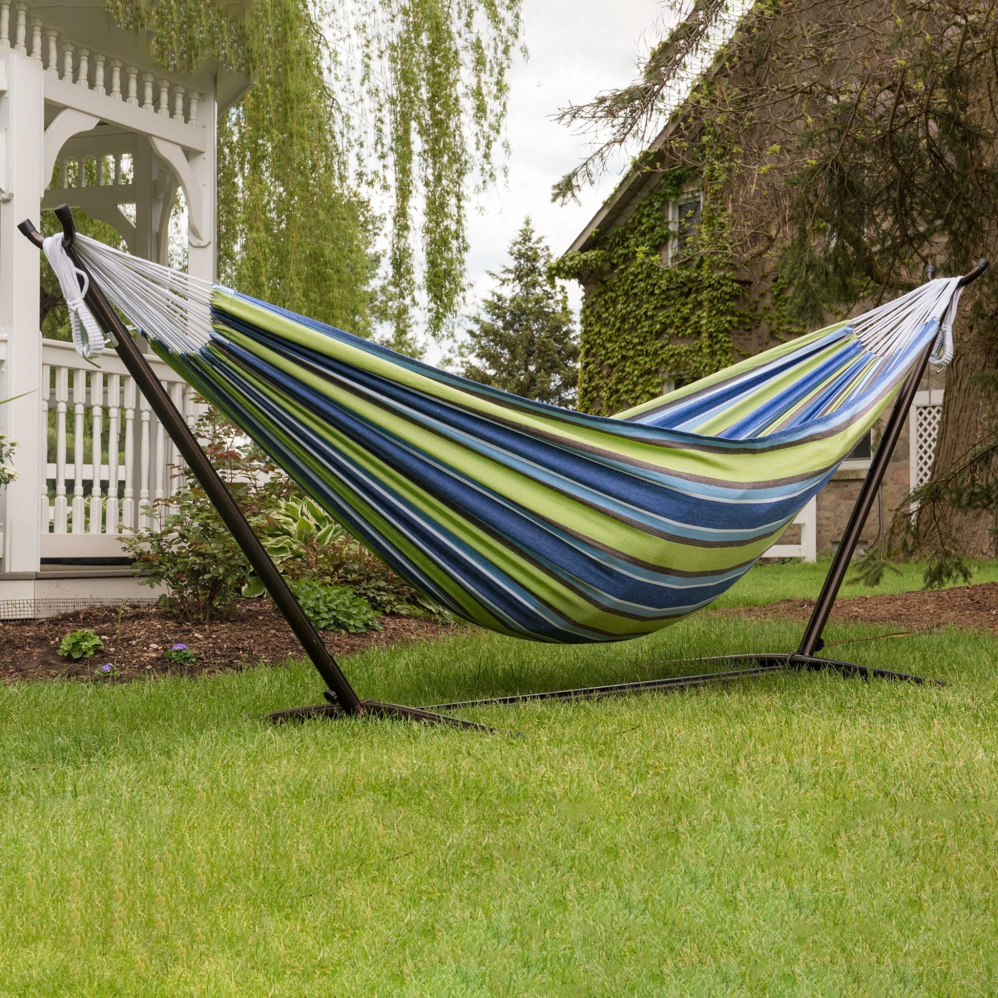 Vivere Double Cotton Hammock, Comfortable Daybed with Steel Stand, 9', Oasis - VMInnovations