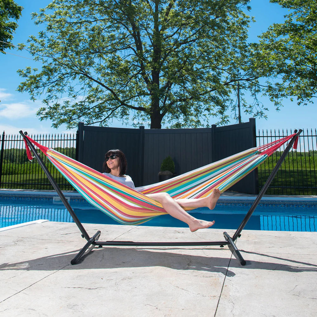 Vivere Double Cotton Hammock, Comfortable Daybed with Steel Stand, 9', Salsa - VMInnovations