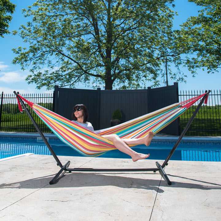 Vivere Double Cotton Hammock, Comfortable Daybed with Steel Stand, 9', Salsa - VMInnovations