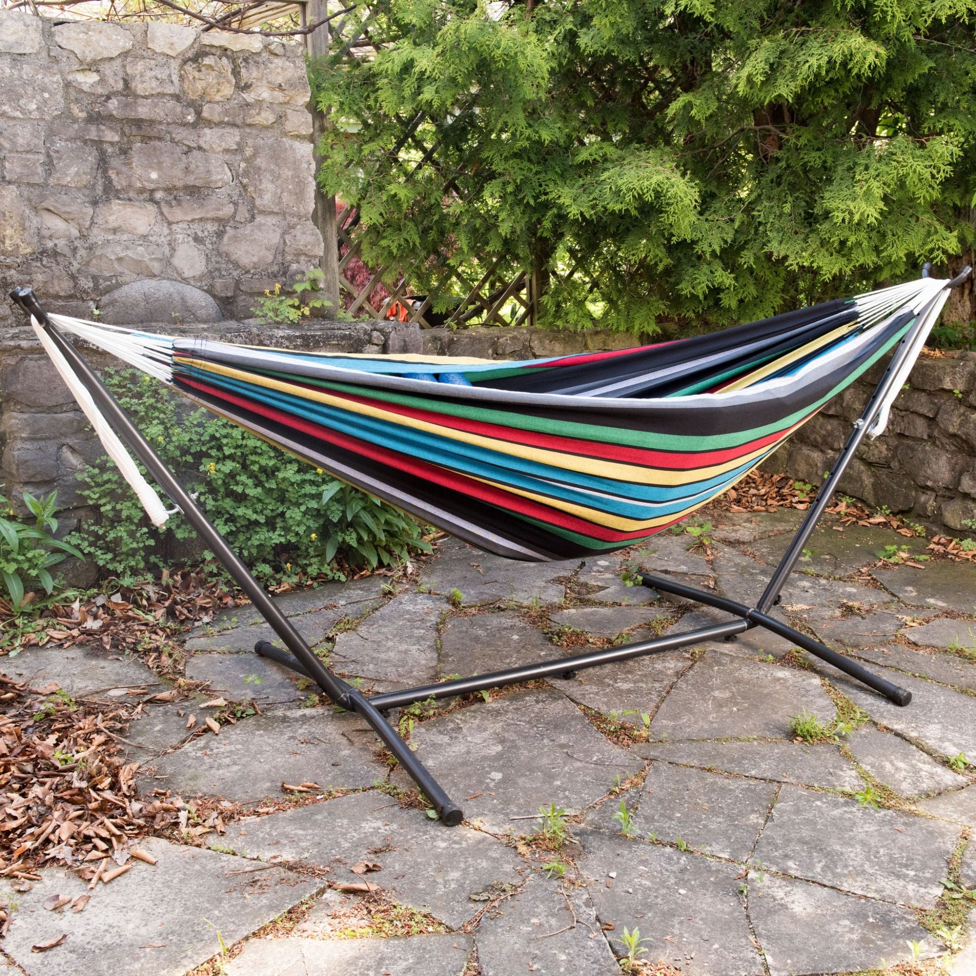 Vivere Double Cotton Hammock, Comfortable Daybed with Steel Stand, 9', Rio Night - VMInnovations