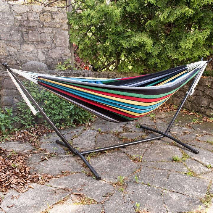 Vivere Double Cotton Hammock, Comfortable Daybed with Steel Stand, 9', Rio Night - VMInnovations