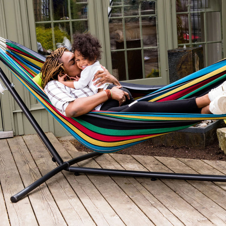 Vivere Double Cotton Hammock, Comfortable Daybed with Steel Stand, 9', Rio Night - VMInnovations
