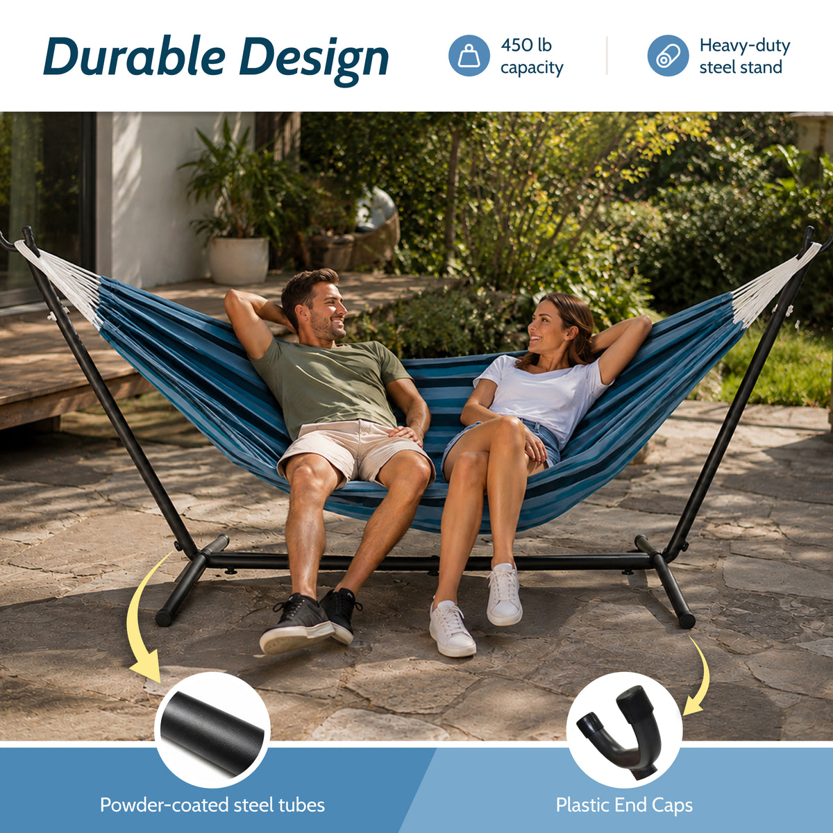 Vivere Double Cotton Hammock, Comfortable Daybed, Steel Stand, 9', Blue Lagoon - VMInnovations