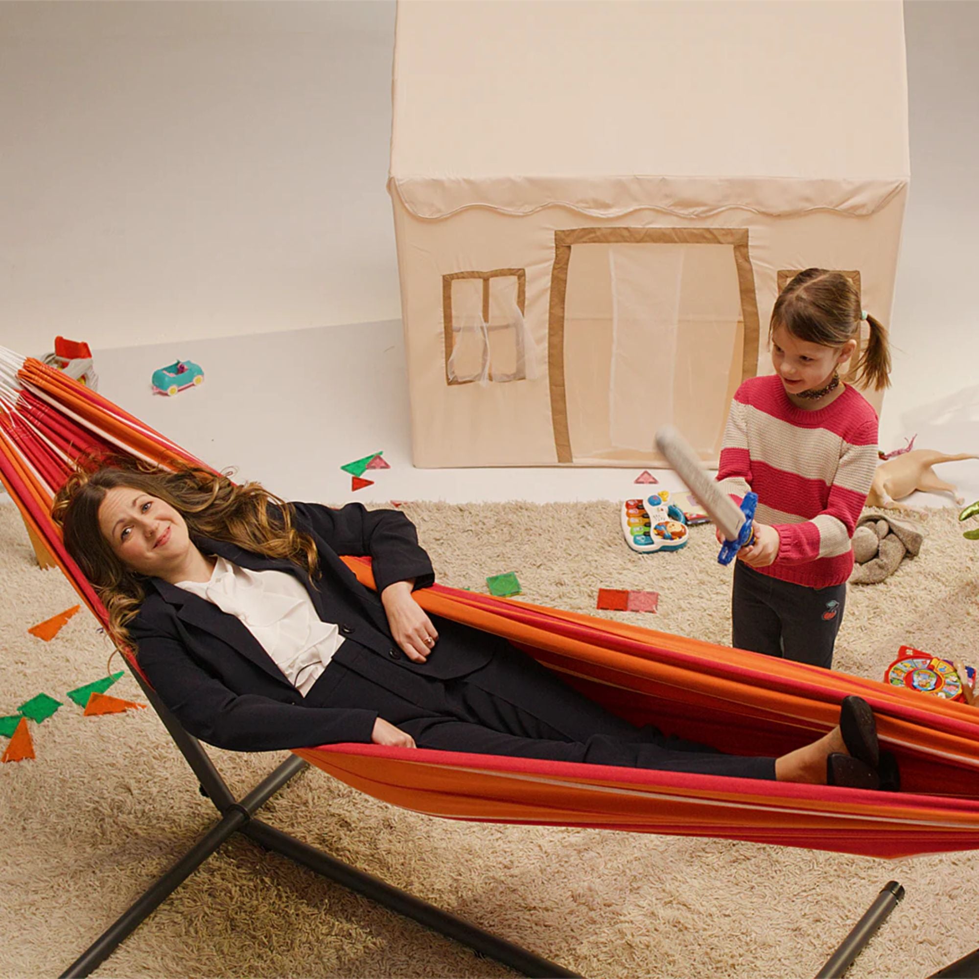 Vivere Double Cotton Hammock, Comfortable Daybed w/Steel Stand, 9' (Open Box) - VMInnovations