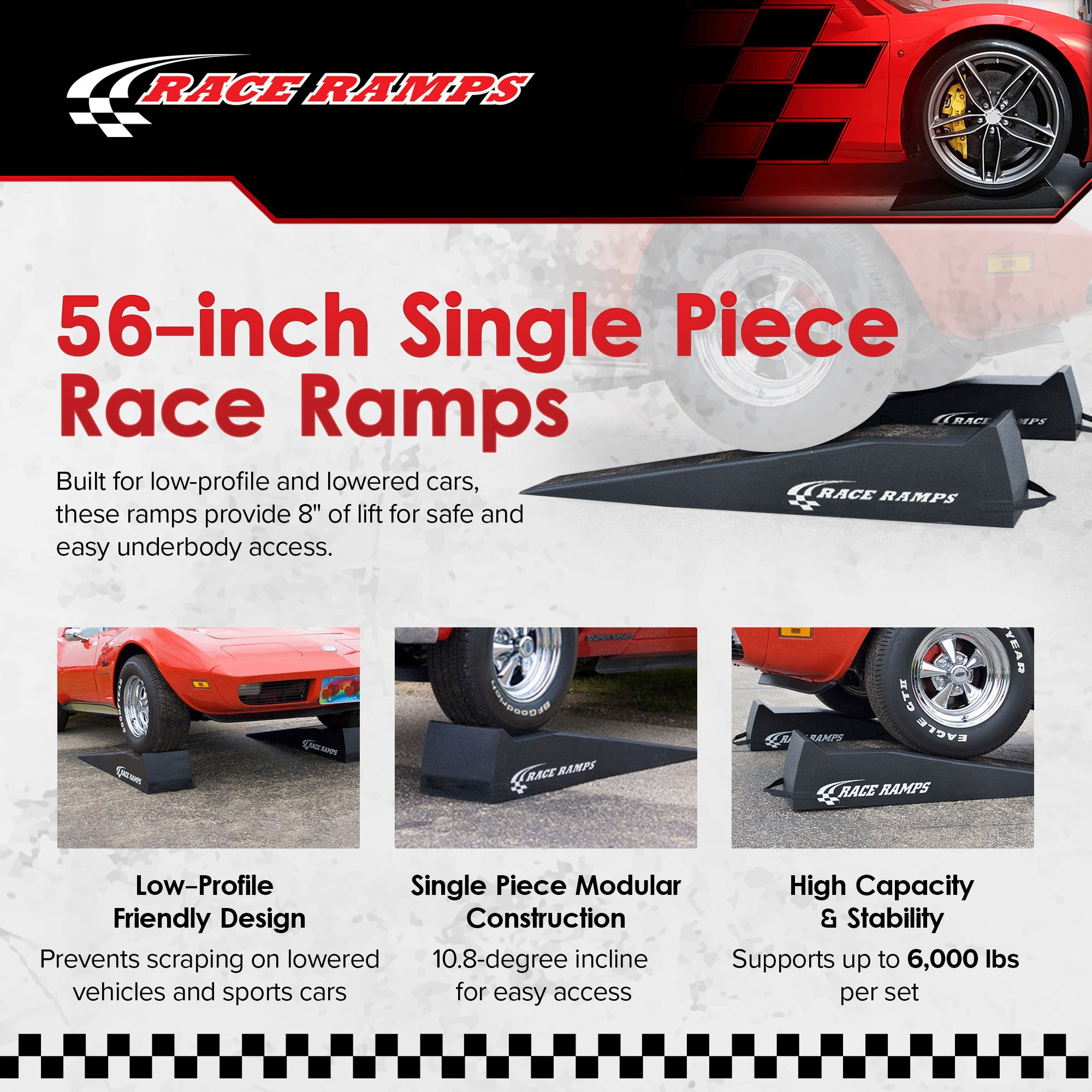 Race Ramps Lightweight Car Service Ramps for 10" Lift, Anti-Slip, RR-56, Black