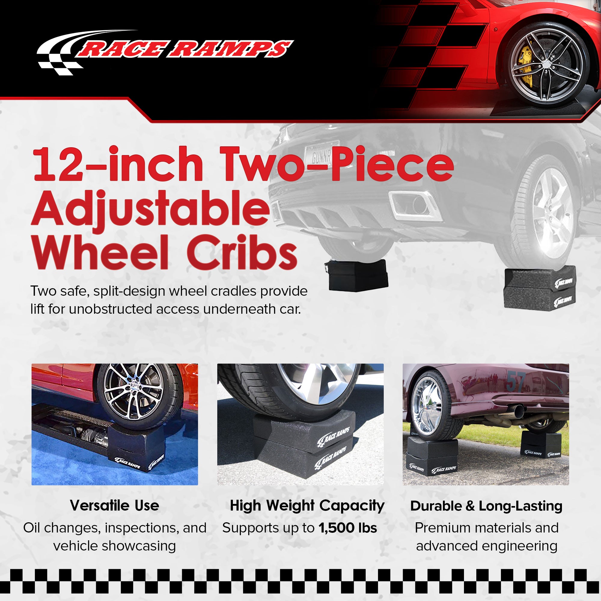 Race Ramps 12" Adjustable Wheel Cribs Car Maintenance Display, RR-WC-12-2, Black